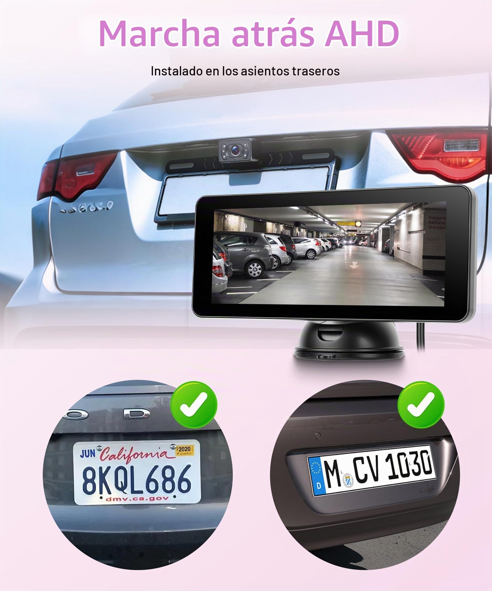 Rimoody Cámara de Coche para bebé con Cámara de Marcha Atrás con Matrícula, 6.86 Pulgadas Pantalla Dividida, Espejo de Coche para bebés con IR Visión Nocturna, 360° Giratoria Espejo Retrovisor de Bebé