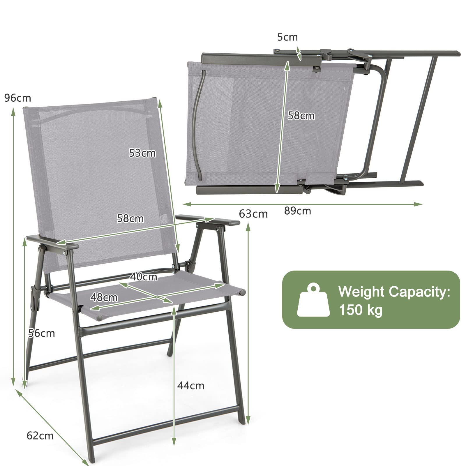 KOMFOTTEU Chaises de Jardin Portables, Charge 150 kg, Gris, Lot de 4 | Fauteuil d'Extérieur Pliable avec Serrure de Sécurité, Dossier Haut, pour Terrasse, Balcon, Plage, Fêtes
