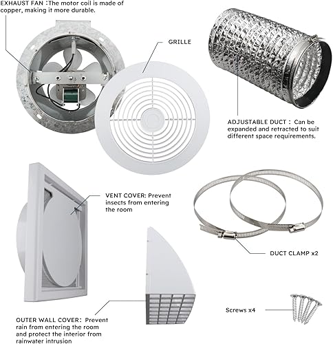Miniatura 4 de Quini Extractor de pared 512M de 6 pulgadas, 80 CFM 4.0 Sones, ventilador de pared de baño, ventilador de ventilación de cocina, ventilación de 6