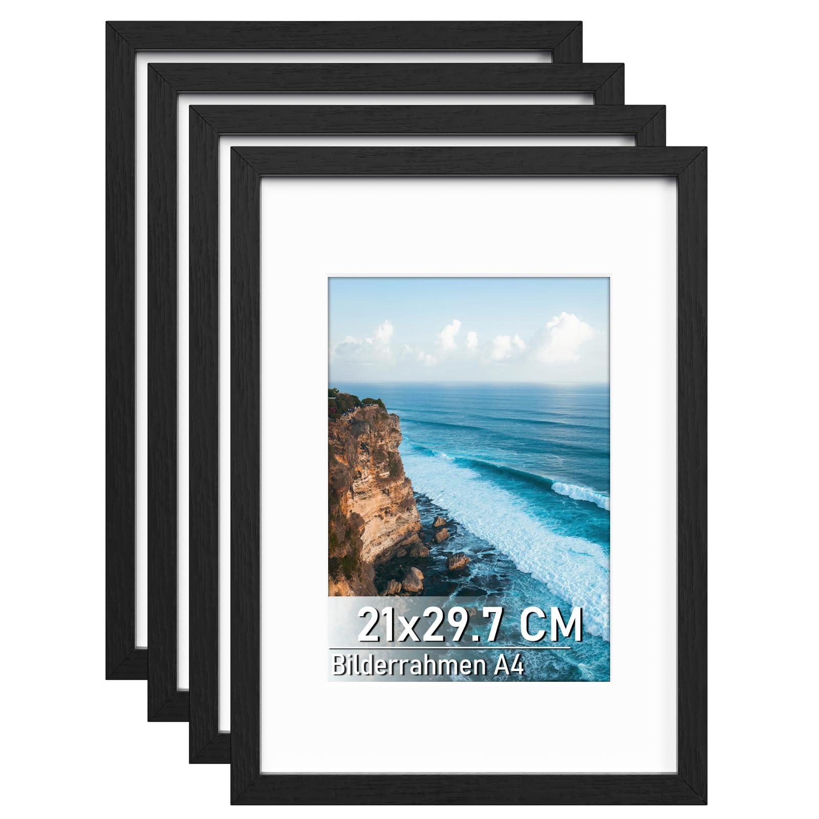 Histarzeda 4 Stück Bilderrahmen A4-21 x 29,7 cm, Din A4 Bilderrahmen Schwarz mit Acrylglas für Fotogalerie, Rahmen für Wandmontage waagrecht oder senkrecht für Wohnraum, Büro (Schwarz)