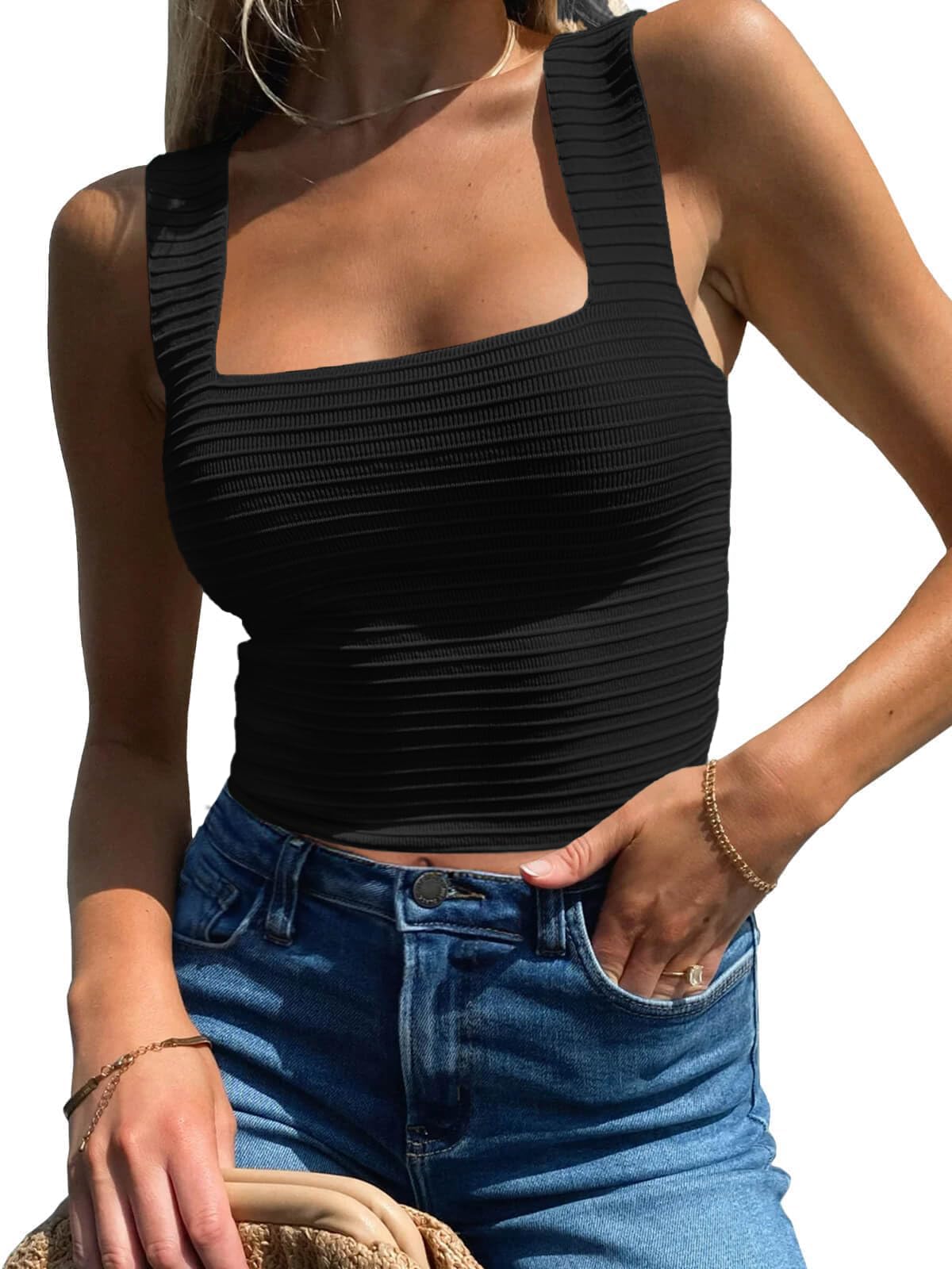 Yousify Womens Crop Tank Tops Summer Sleeveless Square Neck Textured Casual Slim Fit Trendy Cropped Shirt