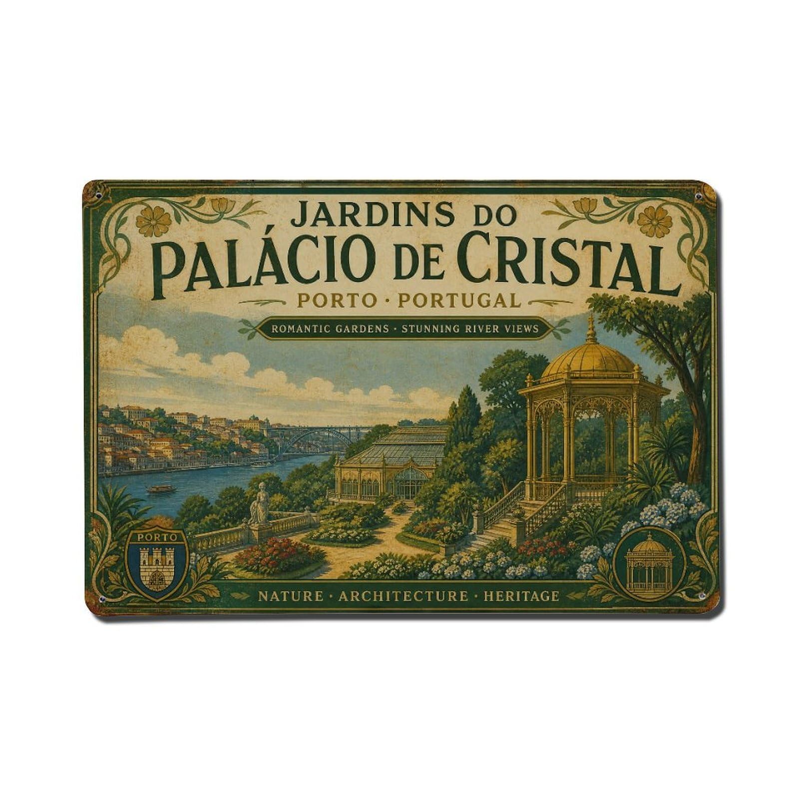 Vintage Travel Jardins Palacio Cristal Gardens Portugal Metal Tin Sign