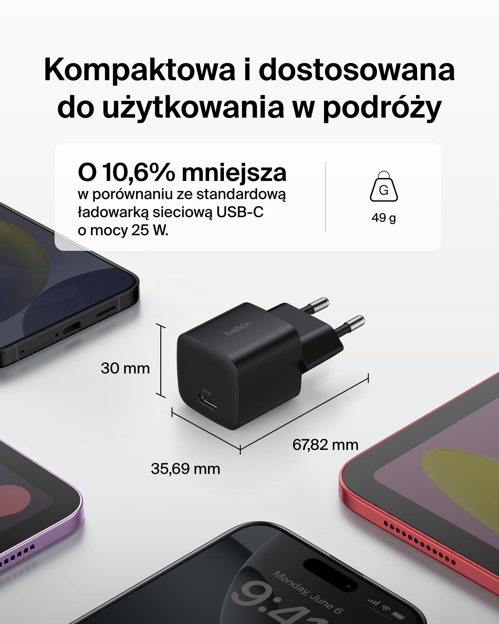 Belkin ładowarka sieciowa USB-C 25 W z kablem USB-C 60 W (1 m) – szybkie ładowanie PD 3.0 z PPS dla urządzeń Apple iPhone serii 16, iPad Pro, Samsung Galaxy S25, Nintendo Switch – czarna