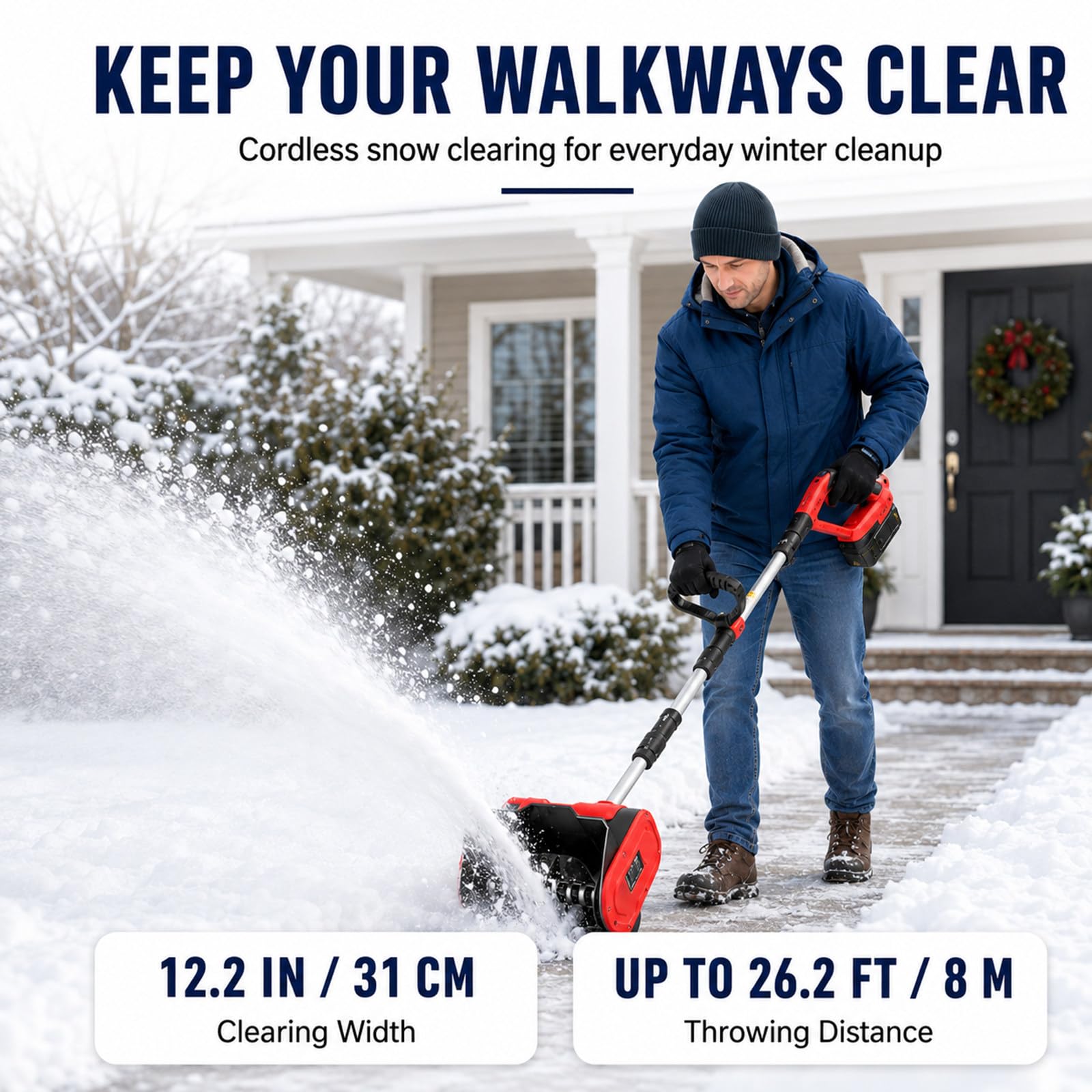 Pala da Neve elettrica 21 V con Batteria da 3,0 Ah, Motore da 1000 W, Larghezza 31 cm e Lancio Fino a 8 m per vialetti, marciapiedi, terrazze e ingressi di casa in Inverno