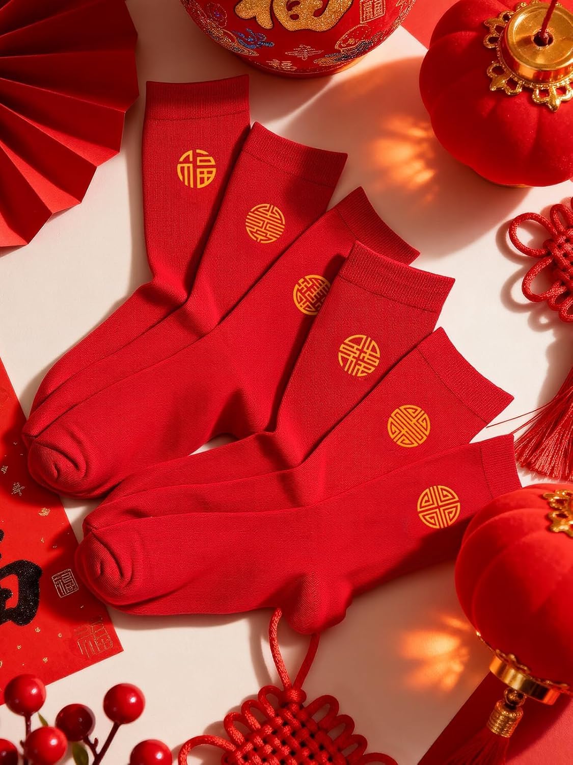 6 Pairs Chinese New Year Socks 2026, Horse Years Unisex Red Crew Socks with Embroidery Fu, Festive Lunar New Year Fortune Calf Socks Gift for Women & Men - Image 8