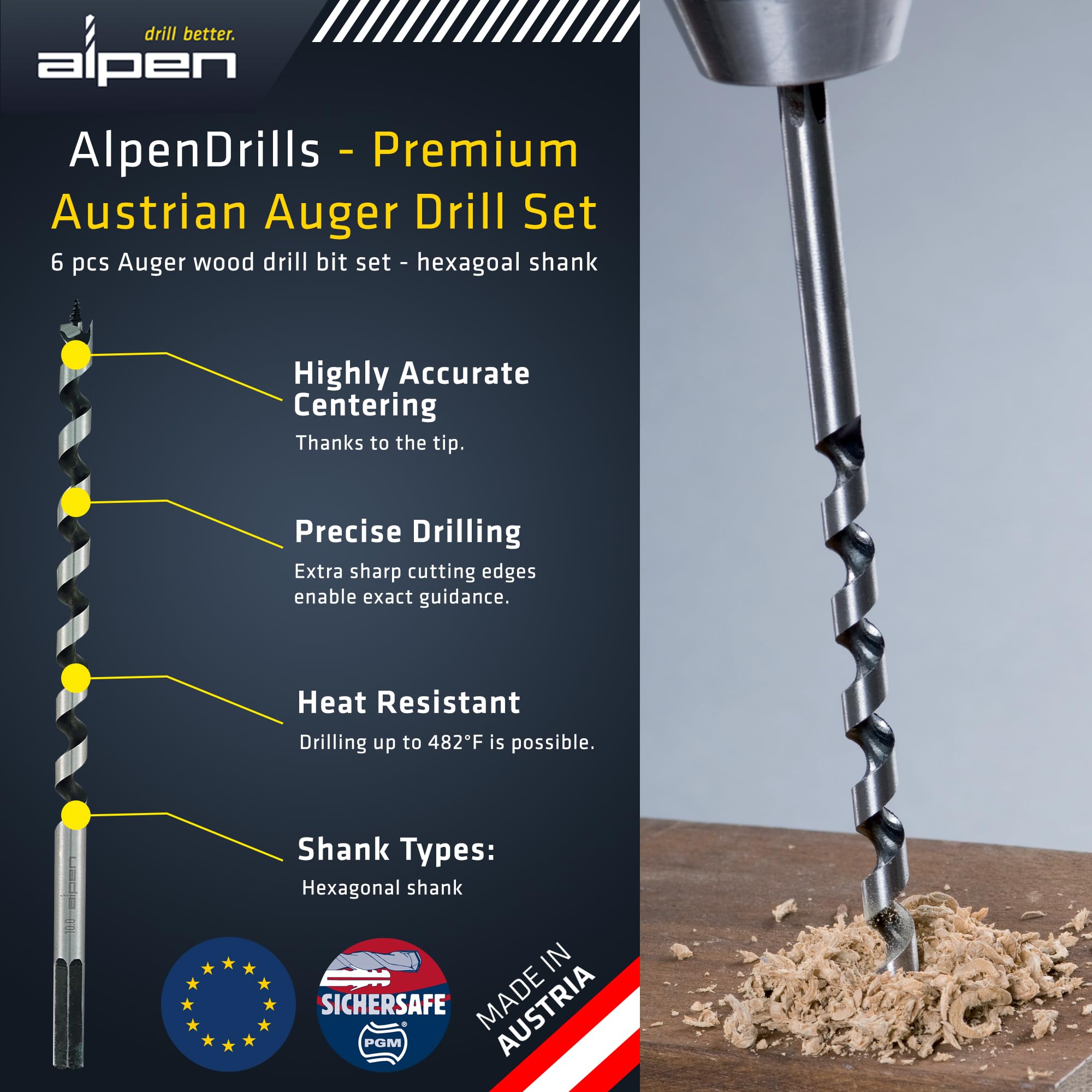 Alpen Set di 6 punte per trapano a trivella per legno, lunghe 45,7 cm, metriche per legno duro e morbido, punte extra lunghe con bordi affilati per fori precisi e foratura senza sforzo, punte durevoli
