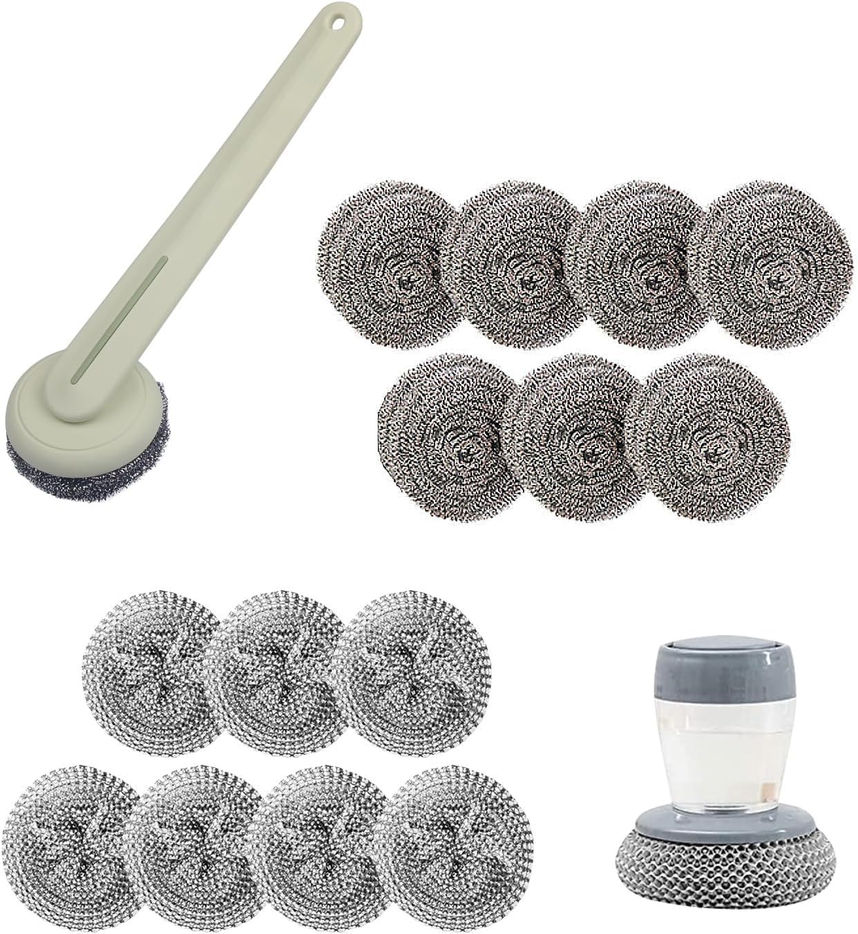 BFJ Stainless Steel Wool Brush Dish Scrubber with Handle Replacement Heads - Steel Scrubbing Scouring Pad Set of 16, Kitchen Cleaning Metal Dish Scrubber for Washing Dishes Grate Pot Pan Sink