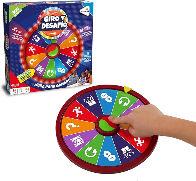 Famogames - Giro y Desafío, Un Juego de Mesa Familiar de +300 Retos, Gira la Ruleta y Empieza a Divertirte, Dirigido por un Game Master con 4 Categorías de Cartas, Versión Español, Famosa (WHE01000)