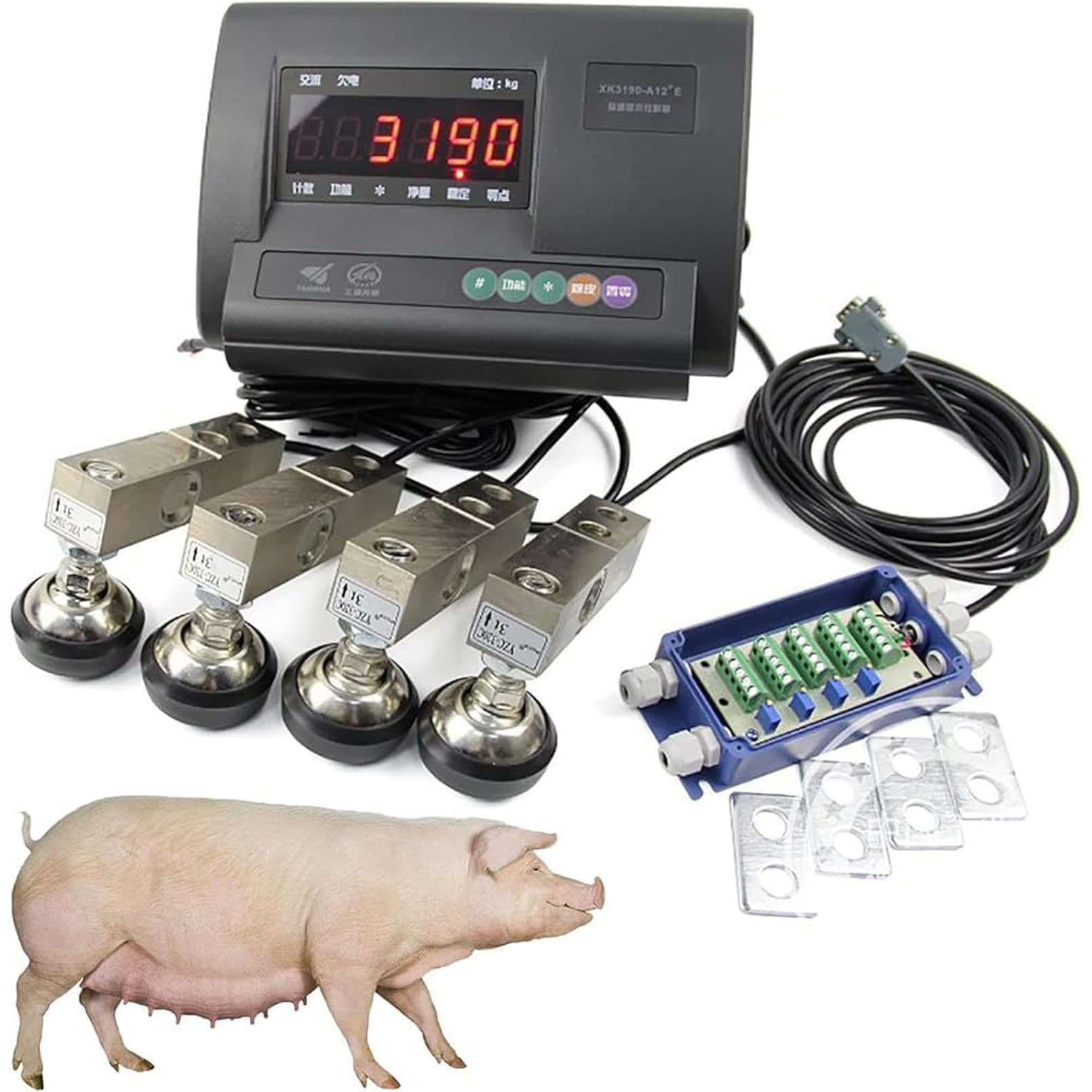 Viehwagen-Set, 5000 kg hochpräzise Tier Palettenwaage, LCD-Display mit Hintergrundbeleuchtung Lastwiegeanzeige, Stahlträger-Druckkraftmesszelle 4-adrigem Anschlusskasten für Rinder, Schweine Schafe
