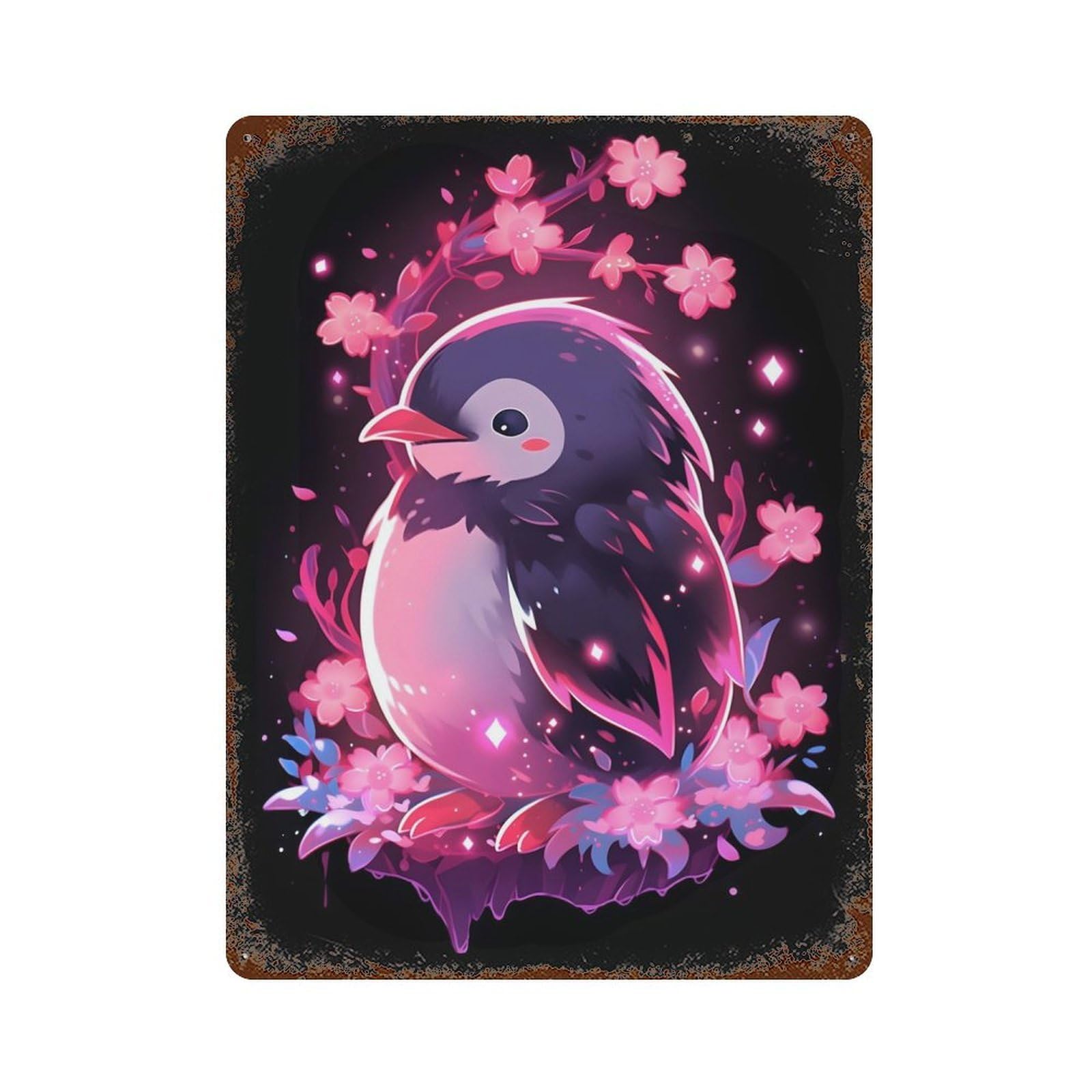 Distressed Metal Wall Sign Shiny Pink Flower Penguin 15.7"x11.8", Vintage Wall Decor for Garage, Bar And Workshop Decor