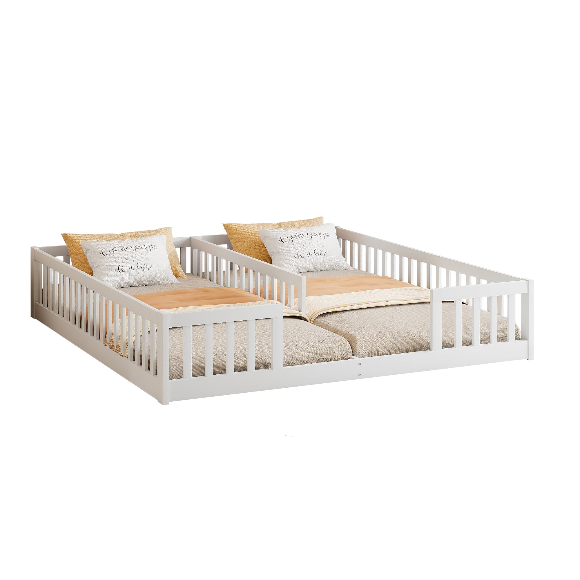Cama infantil de suelo 90 x 200 cm con rejilla de seguridad, cama juvenil de madera de pino para familias con 2 niños, cama doble sin somier, color blanco