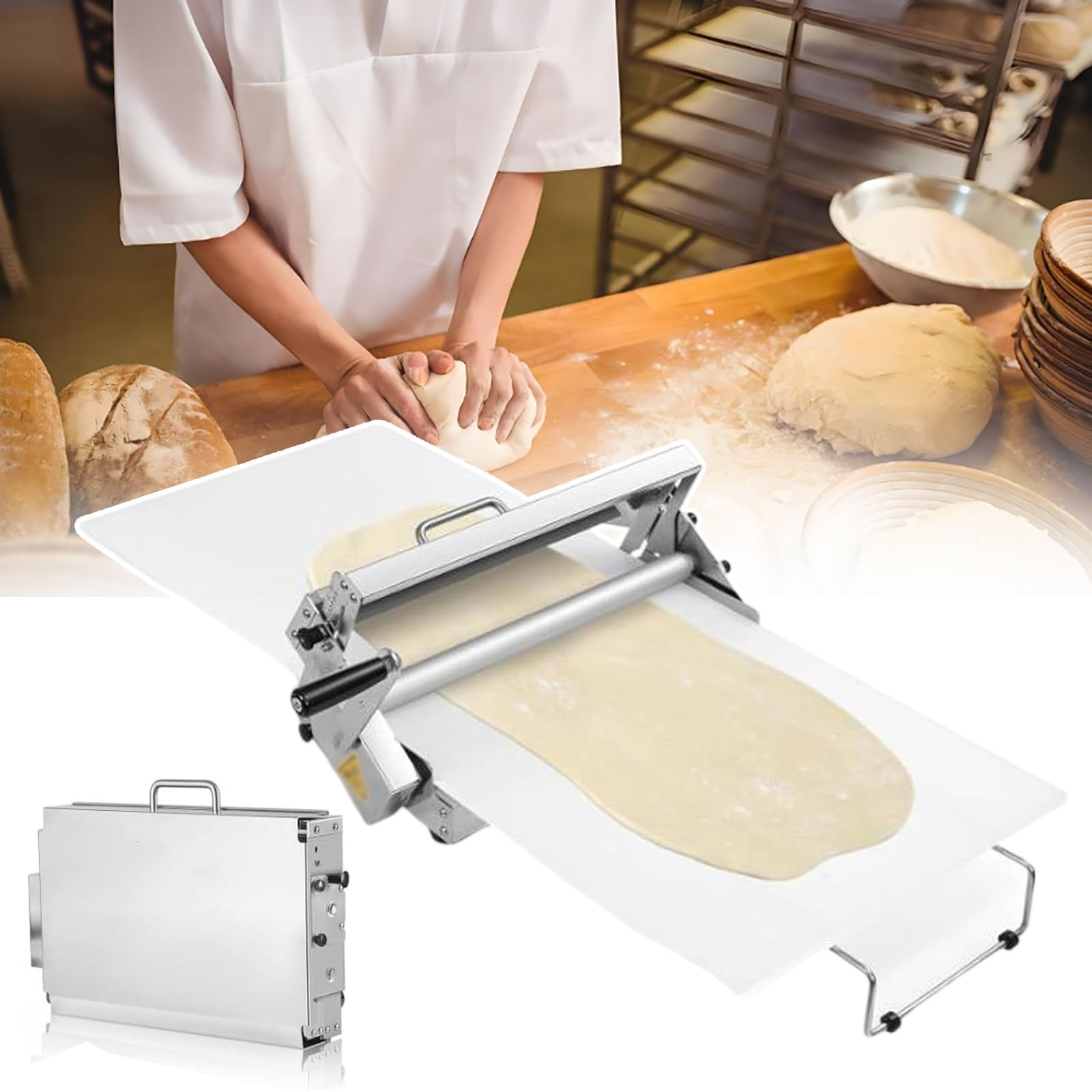Questa sfogliatrice Manuale Pieghevole, con Spessore Regolabile 0,5-17,5 mm/0,5-27 mm, per Uso Commerciale e Domestico, per panetteria, Pizza, Croissant - Rullo per Pasta in Acciaio inossida