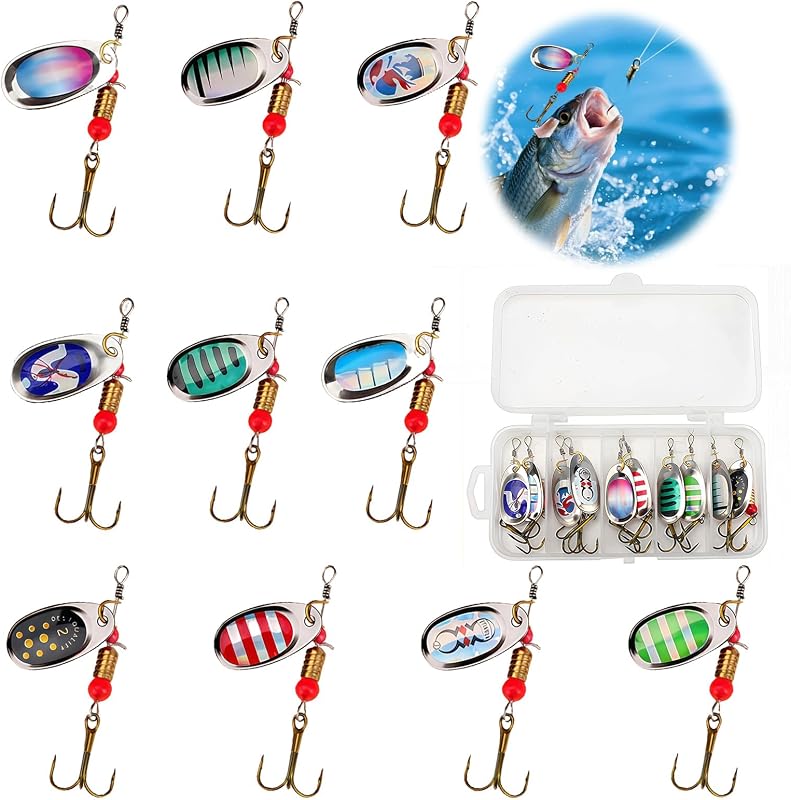 NYVOR 11 Pièces Cuillères de Pêche Spinner Leurres, Hameçons Triples en Métal avec Leurre Multicolores avec Boîte de Rangement, Kit d'Appâts de Peche Portable pour Truite Bar Sandre Saumon Brochet