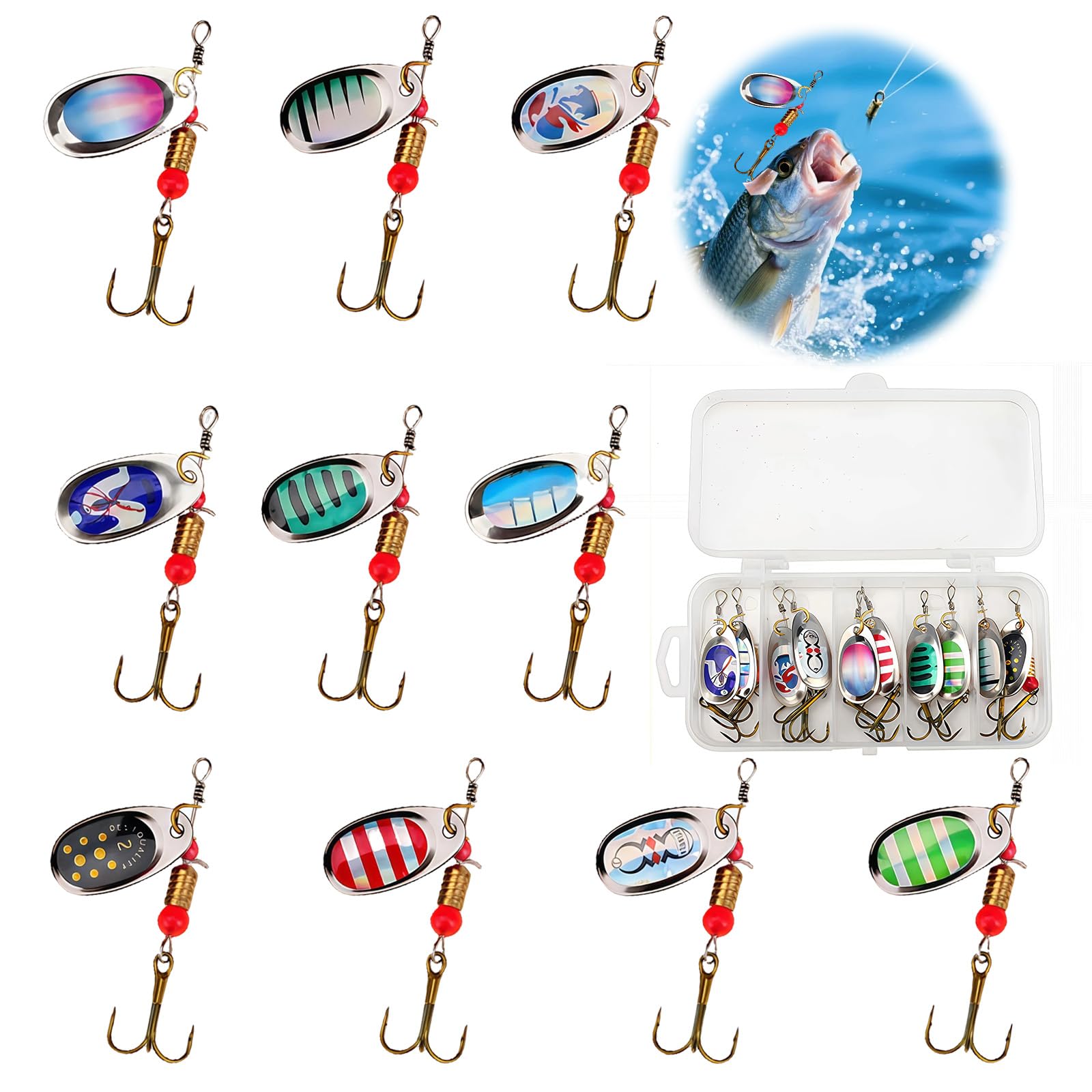 11 Pièces Cuillères de Pêche Spinner Leurres, Hameçons Triples en Métal avec Leurre Multicolores avec Boîte de Rangement, Kit d'Appâts de Peche Portable pour Truite Bar Sandre Saumon Brochet