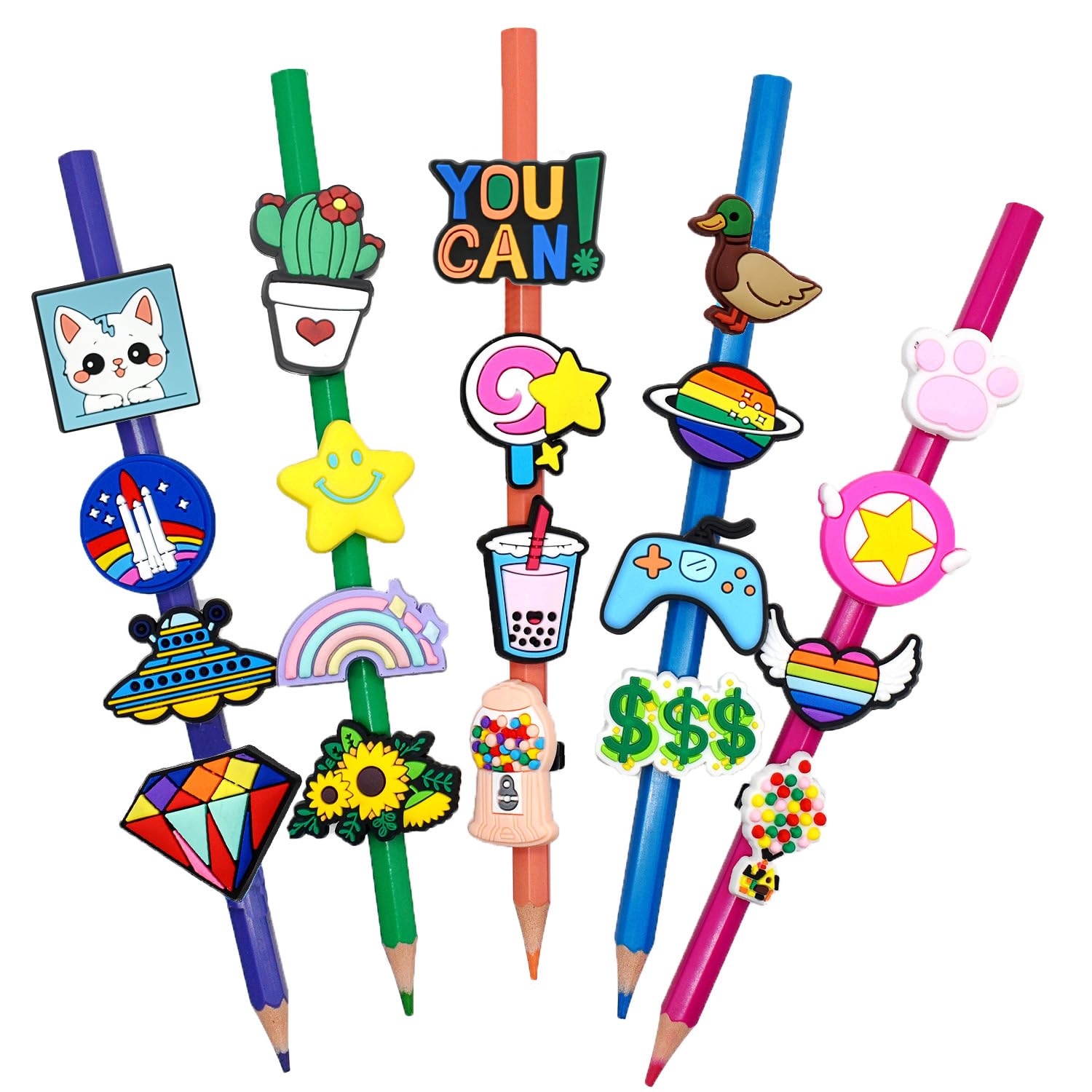 Lote de 205 adornos decorativos para lápices al azar, paquete de 205 bonitos dijes para lápices, clips para lápices, decoraciones a granel de PVC para premios escolares, premios de aula, regalos para
