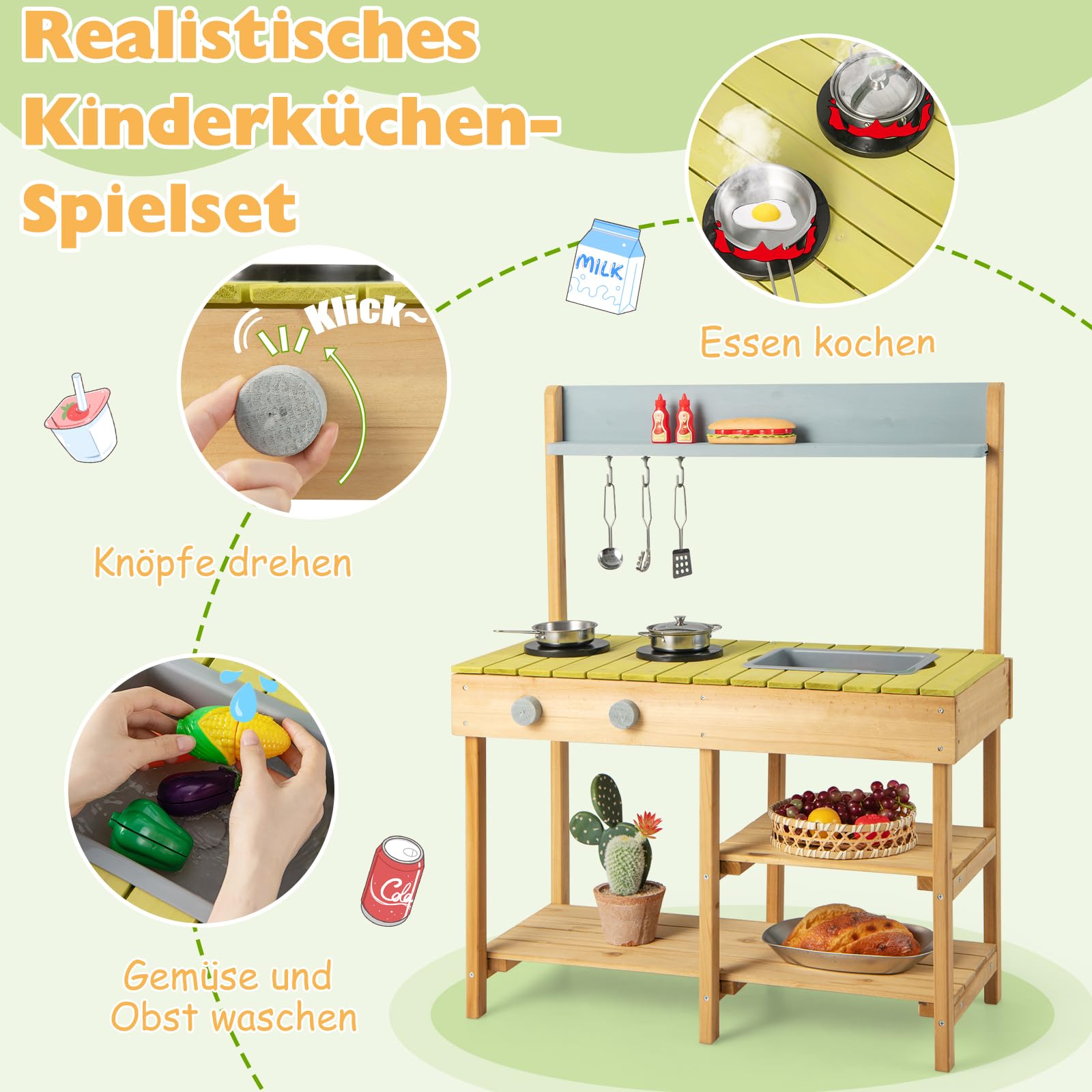 DREAMADE Matschküche für Kinder, Spielküche Outdoor mit 2 Herdplatten, abnehmbarem Spülbecken, Regalen & Haken, kreatives Küchenspielzeug für Kinder ab 3 Jahren, für Hof, Garten