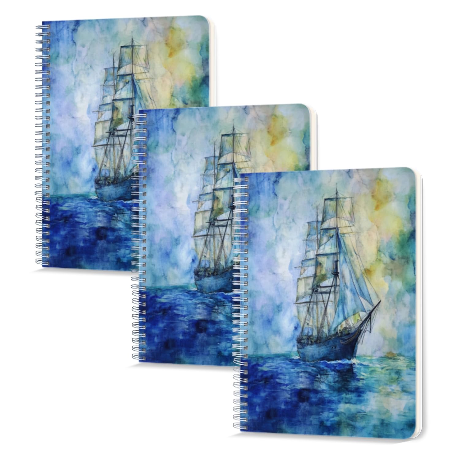 Lined Spiral Notebook,100 Pages,5.71x 8.26 inches Double-Wire Spiral Journal Notebook for Study and Notes Beautiful Water - Colored Sailboat