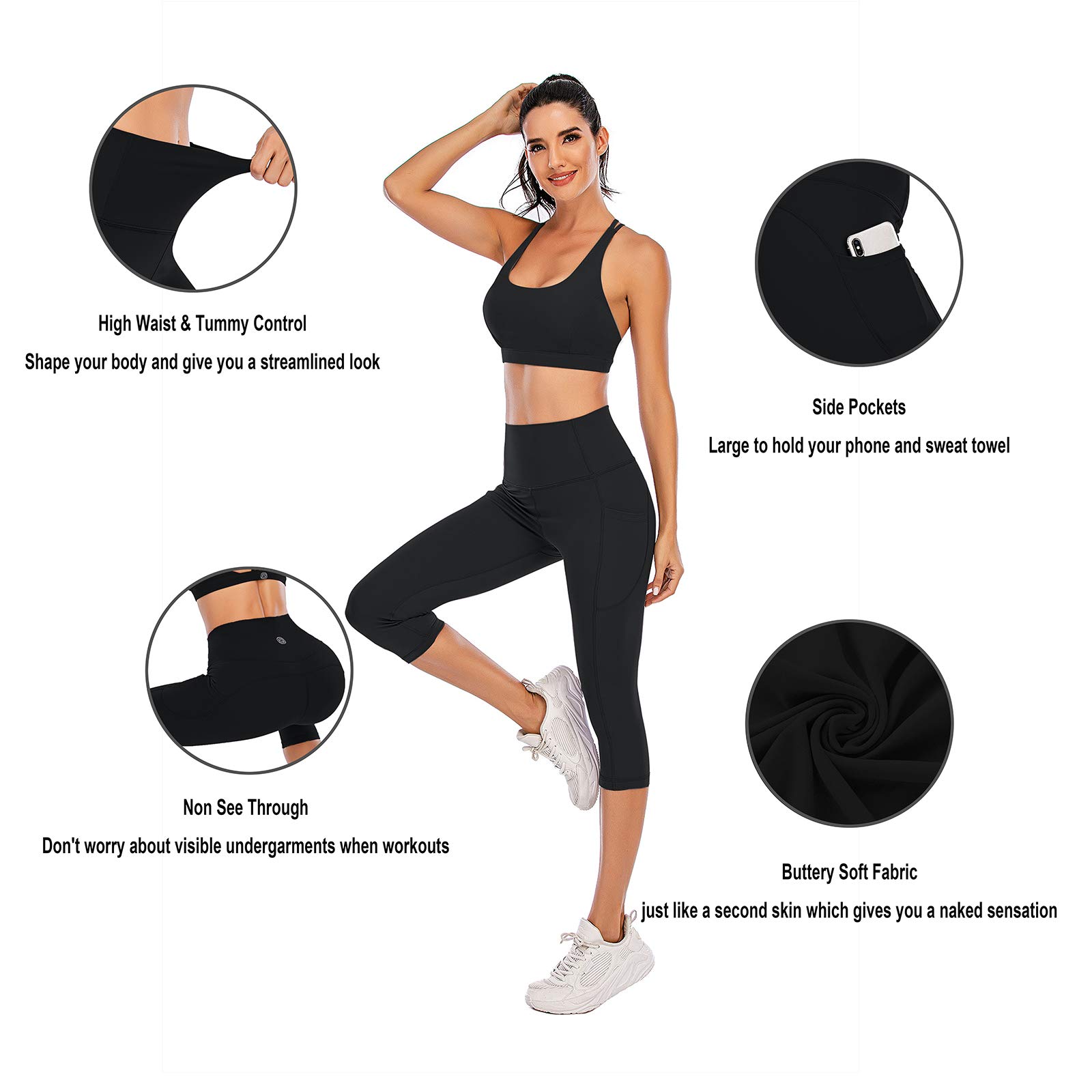 Steppe Naked Feeling spodnie do jogi z wysokim stanem damskie legginsy treningowe capri z kieszeniami, Kieszeń Capris-czarna, XL