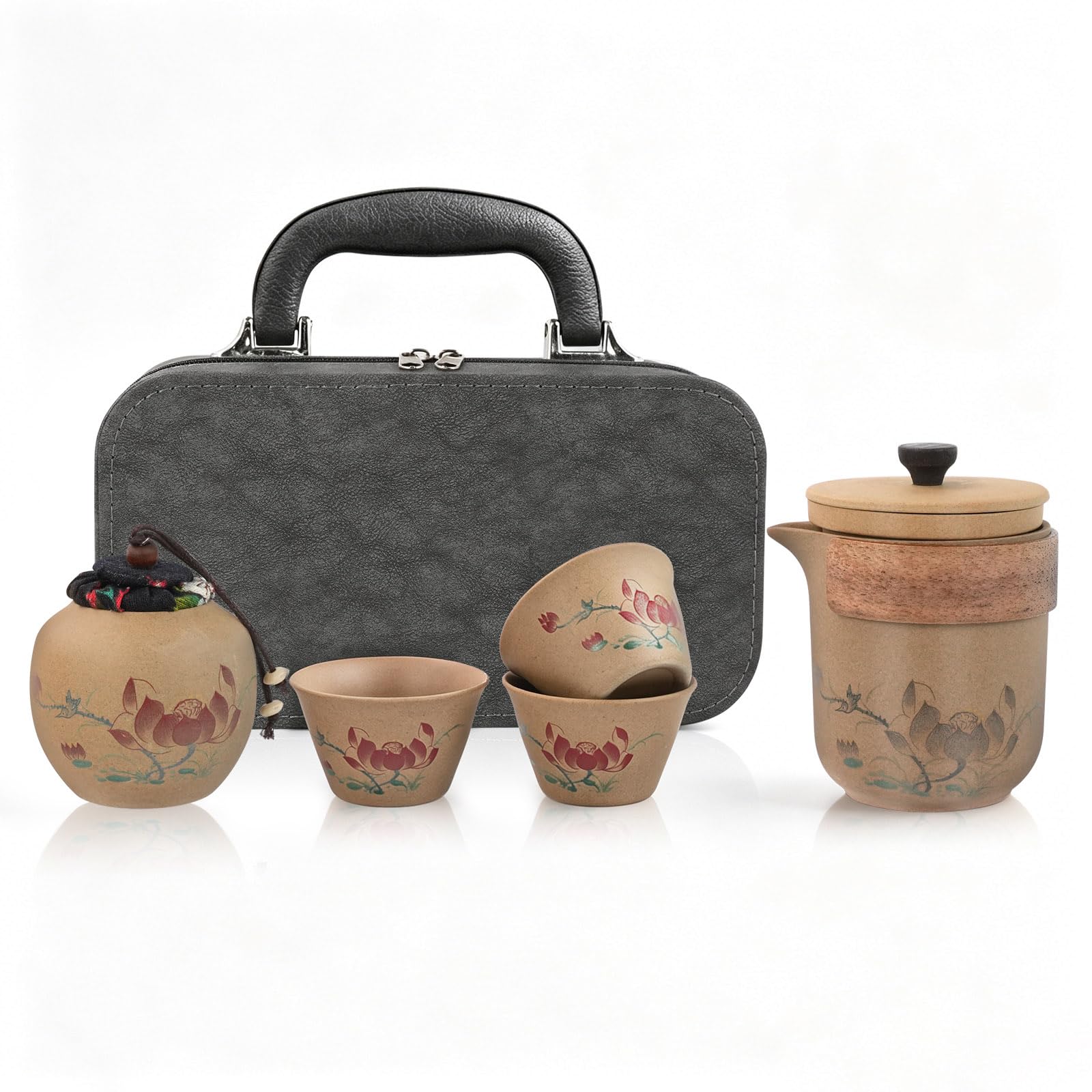 Mulaibdin Chinese Tea Set Travel, Portable Kung Fu Tea Set with Bag, Tea Set for Adults Gift, Lotus Teapot & Cup Set for China, Porcelain Tea Set for Outdoor,Picnic,Business,Home,Tea Ceremony,Camping
