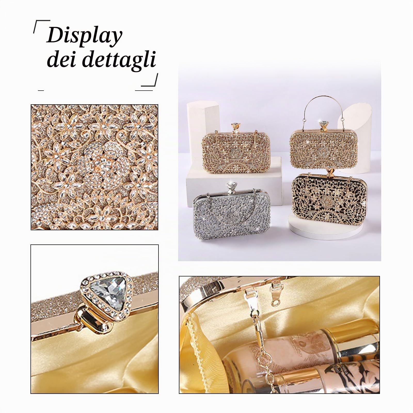 Borsetta da Sera Donna Strass Clutch Pochette Piccolo con Catena Paillettes Borsa a Mano Elegante Borsa a Spalla Borsa a Tracolla per Cocktail Festa Ballo Cerimonia Oro