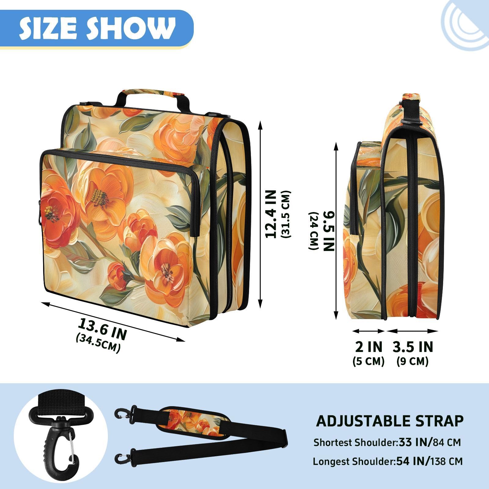 Ringbuchtasche mit Reißverschluss, orangefarbenes Blumenmuster, Gelb