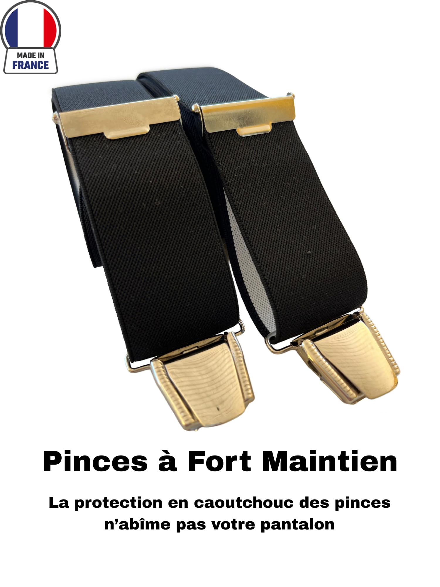 Bretelles Homme Larges en Y Made in France - Bretelles Elégantes & Classiques - Dos 100% Cuir - Tissu Résistant Elastique - 3,5 cm x 120 cm - Pinces Fort Maintien du Pantalon
