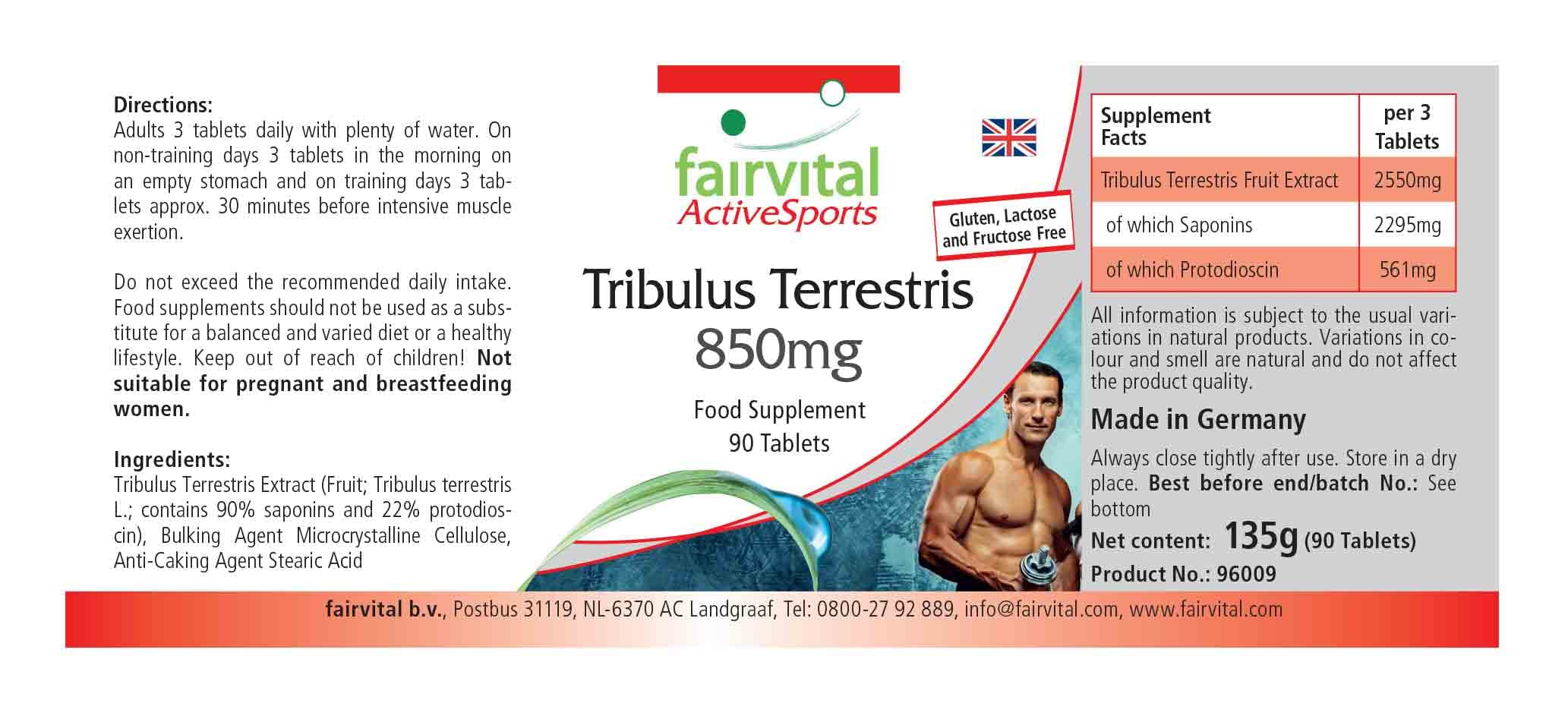 fairvital Estratto di Tribulus Terrestris 850 mg, 90 compresse, ALTO DOSAGGIO, 90% di saponine e 22% di protodioscina, VEGANO