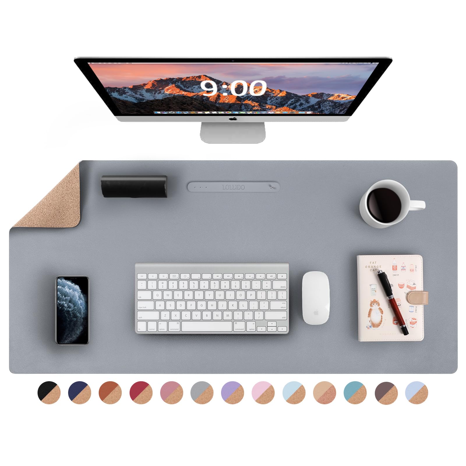 LOLLIDO Natural Cork & Leather Dual Sided Desk Pad, 39" x 20" Waterproof PU Leather Desk Writing Mat, Large Mouse Pad Desk Protector(Cork+Dark Gray)