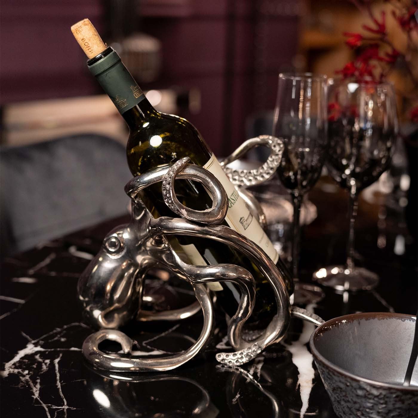 Kare Design Flaschenhalter Octopus, Silber, 25x16x20 cm, Flaschengestell für Wein, Deko Objekt, Oktopus Motiv, Aluminium Gestell, Esszimmer