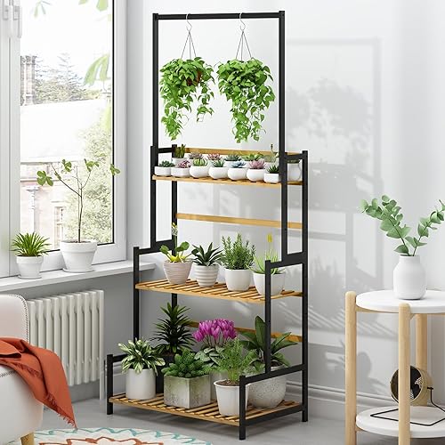 Miniatura 8 de Ufine - Escalera de madera de bambú para plantas, 3 capas, plegable, para uso en interiores y exteriores, para el hogar, patio, césped, jardín,