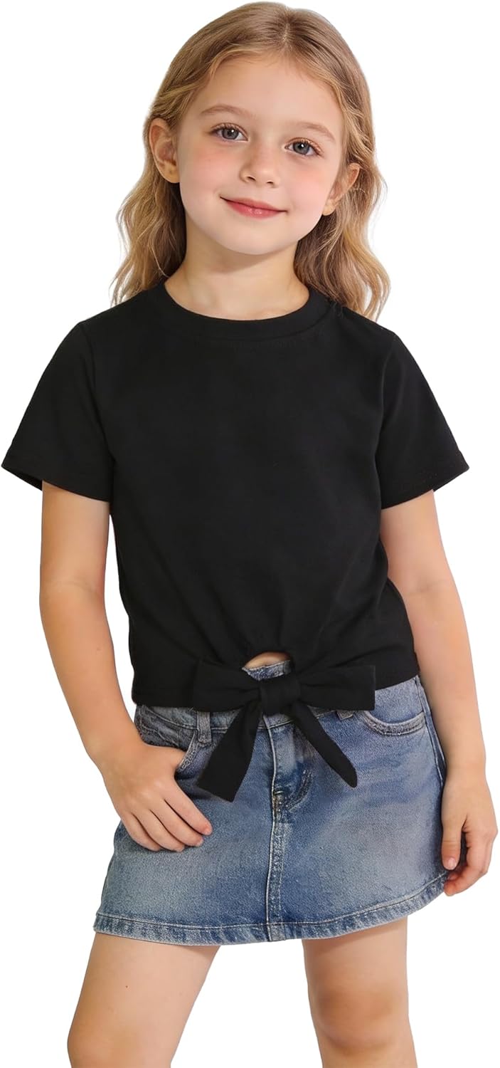 Magic Park 4-14Y Girls Short Sleeve T-Shirt Front Tie Knot Tee Kids Summer Casual Holiday Top Solid Color Crewneck Blouse