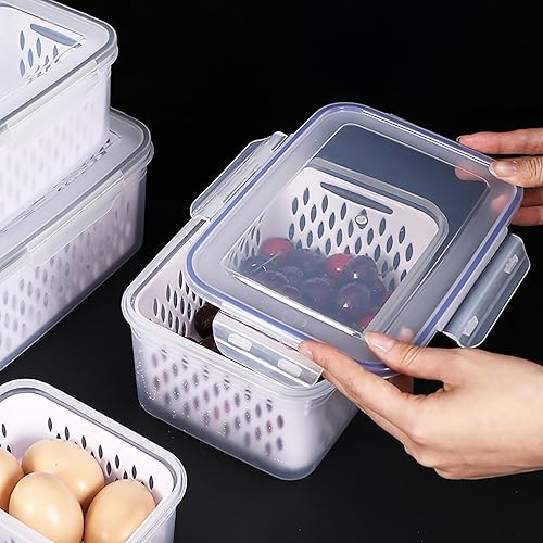 Miniatura 5 de Contenedores de almacenamiento de frutas para refrigerador con tapas y asas, paquete de 3 recipientes herméticos sin BPA a prueba de fugas,