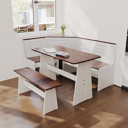 Miniatura 11 de Juego de mesa de comedor para rincón de desayuno – Rincón de desayuno estilo cabina con banco en L, juego de mesa de comedor de madera marrón claro