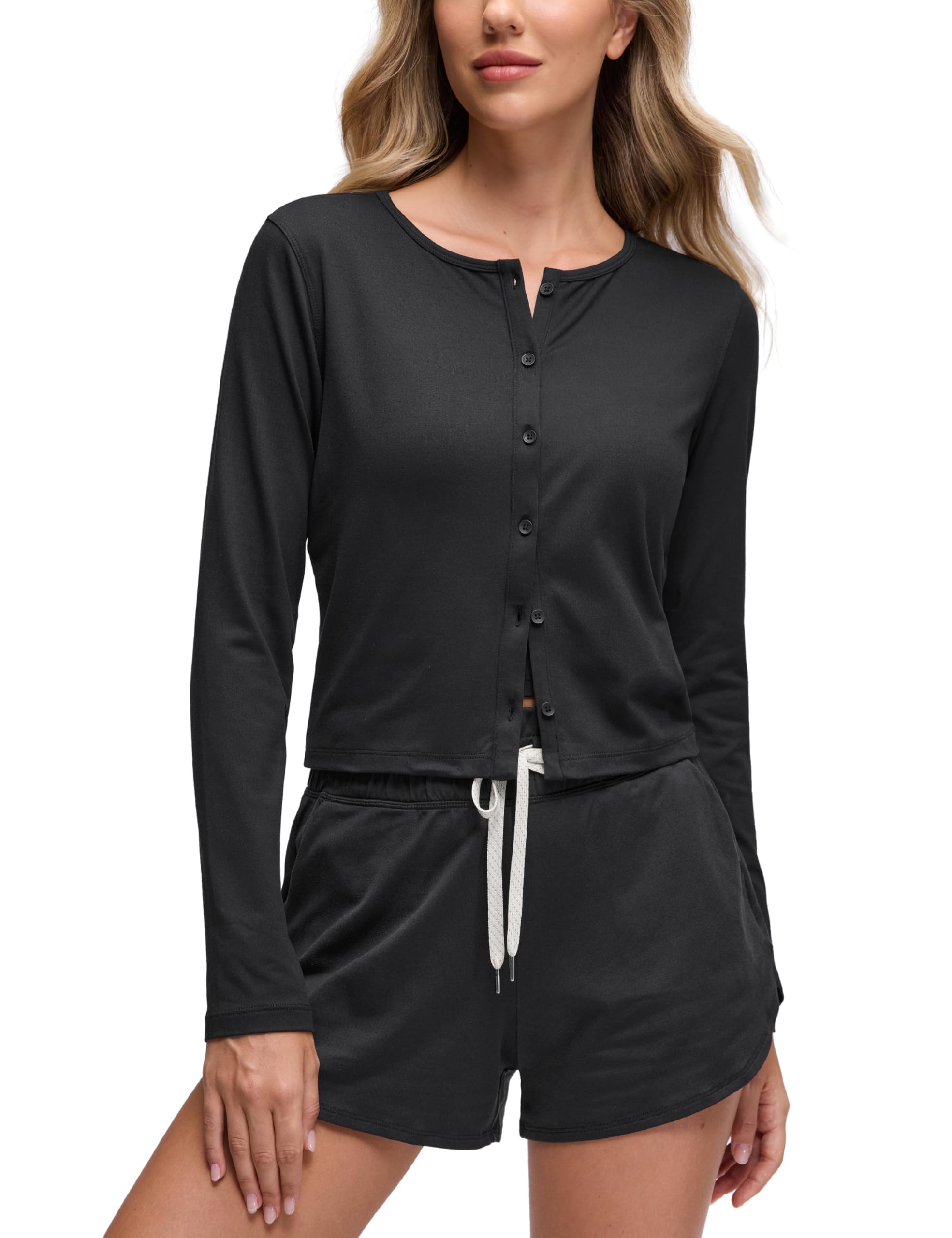 CRZ YOGA Cloud Jersey Lightweight Crewneck Cardigan for Women Soft Knit Button Down Shirts Casual Long Sleeve Fall