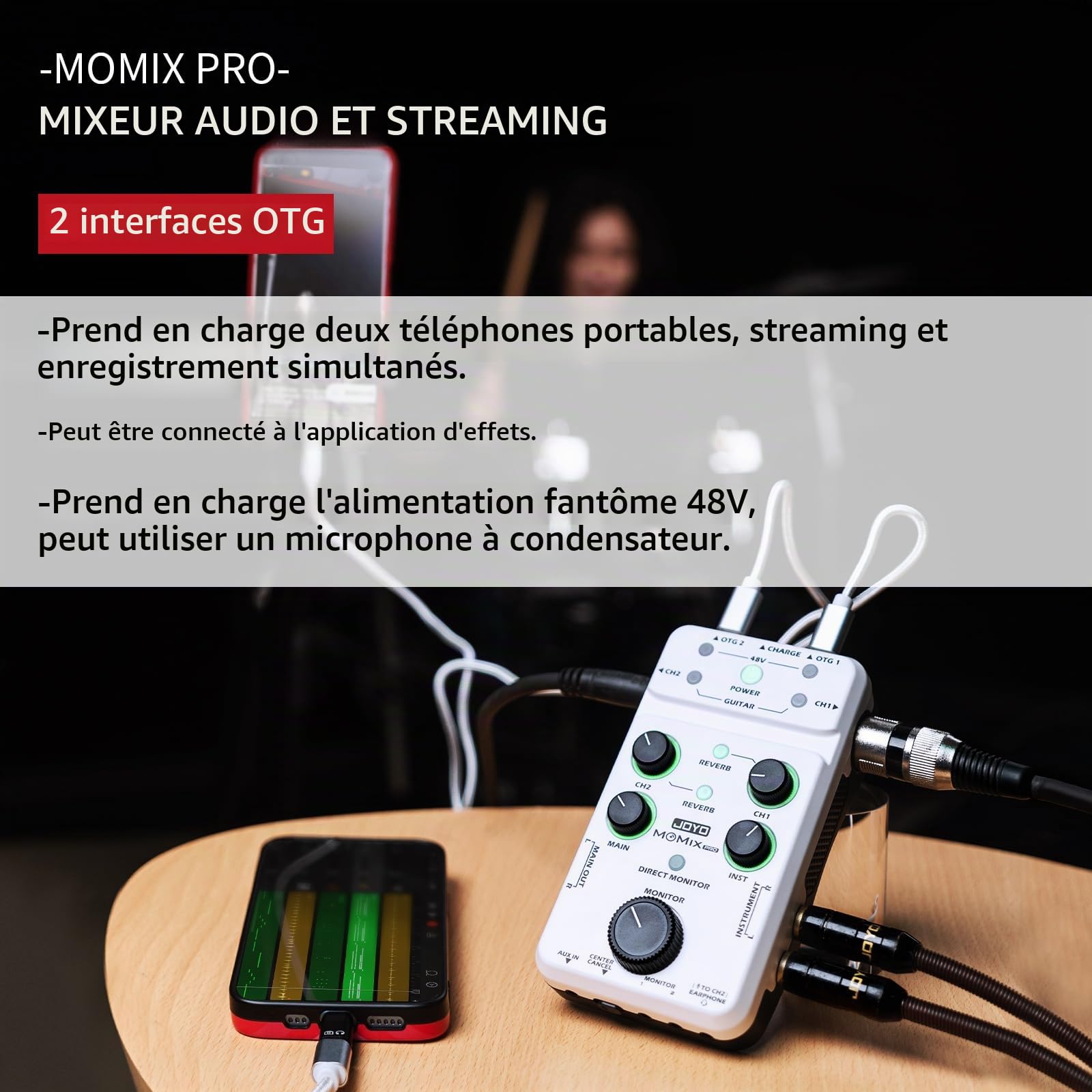 JOYO Mélangeur audio Interface audio USB Stéréo XLR + Mélangeur d'alimentation fantôme 48 V pour enregistrement en streaming en direct Podcasting Plug & Play (MOMIX PRO)