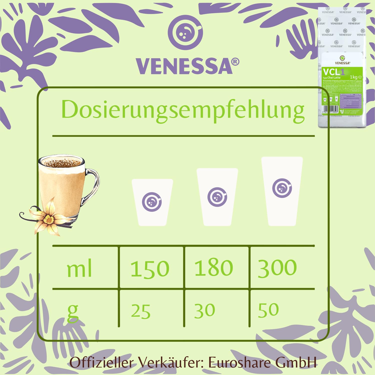 VENESSA VCL1 Chai Latte 20 x 1 kg ekonomiczne opakowanie – wysokiej jakości herbata mleczna w proszku do automatów Vending, wysoka wydajność, rozpuszczalna, w woreczku chroniącym aromat