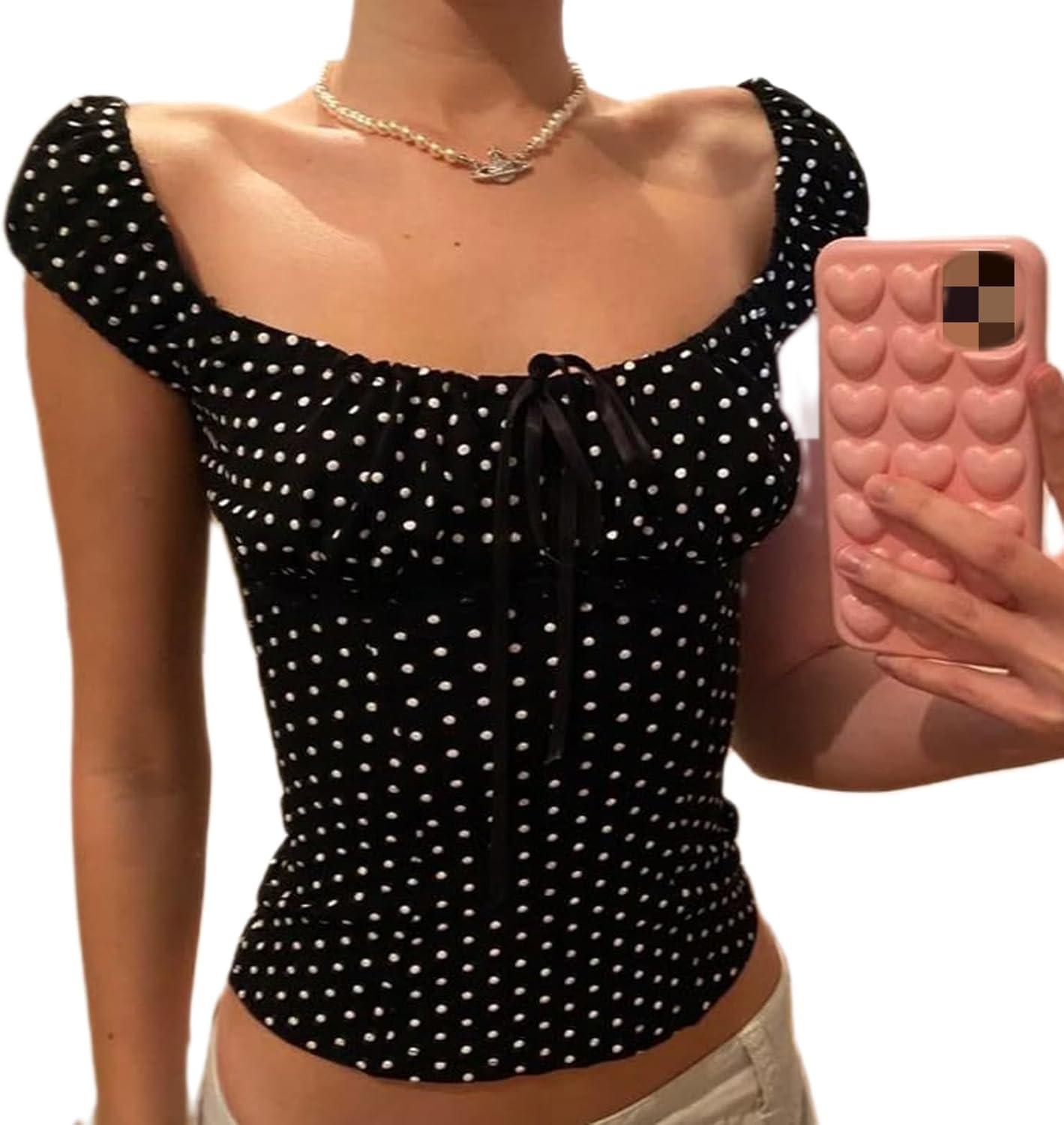 Women Fairy Grunge Shirt Summer Cap Sleeve Lace Up Polka Dot Milkmaid Tops Vinatge E-Girls Aesthetic Clothes