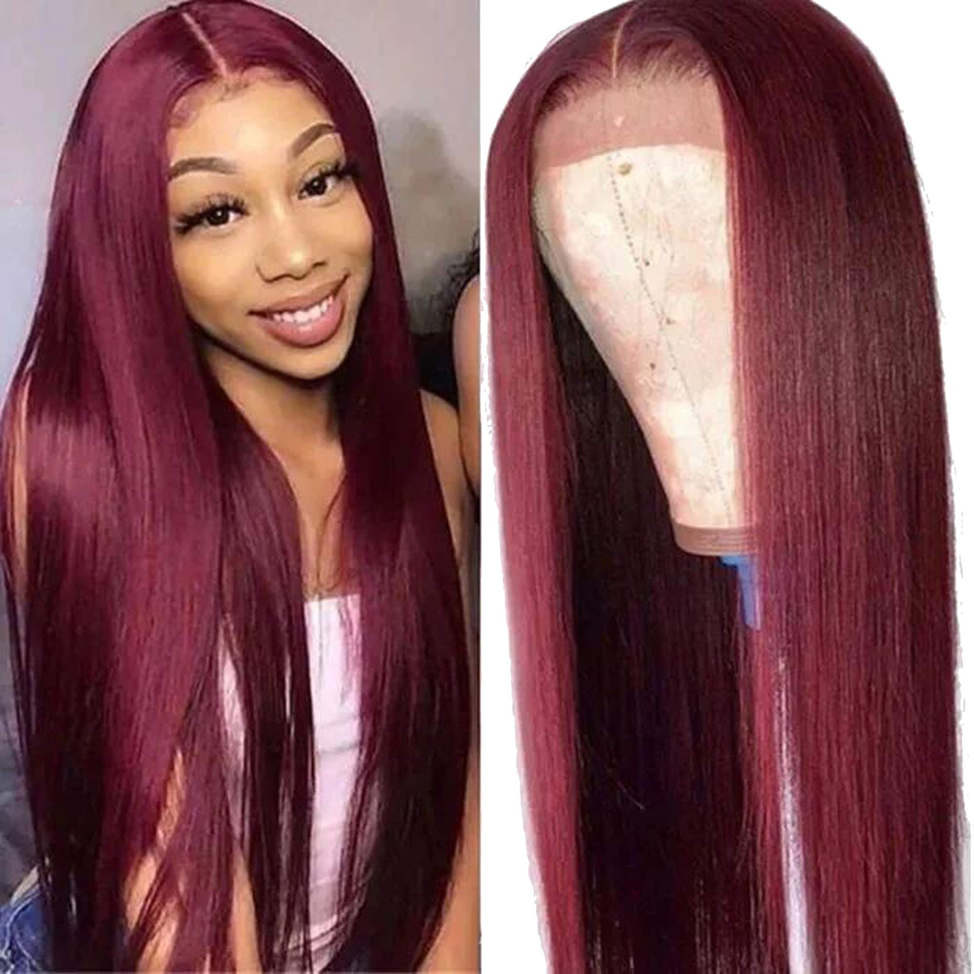 Unice Hair Straight Burgundy T Part Lace Closure Human Hair Wigs Red Color Middle Part, Peruvian Vir