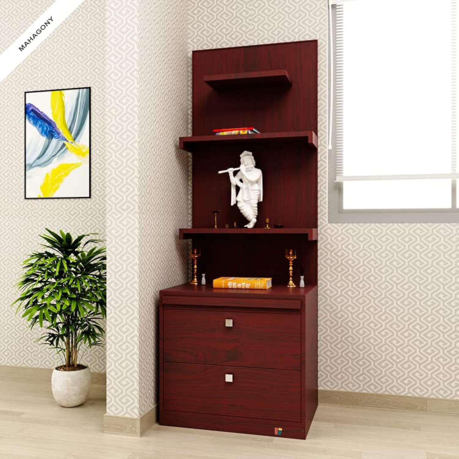 Creative Furniture Wooden Floor Standing Temple Jumal Design Pooja Mandir for Home and Office | PoojaGhar | Open Temple Crafted Intricately Laminate Finish (L650 x D400 x H1500) mm (Mahagony)