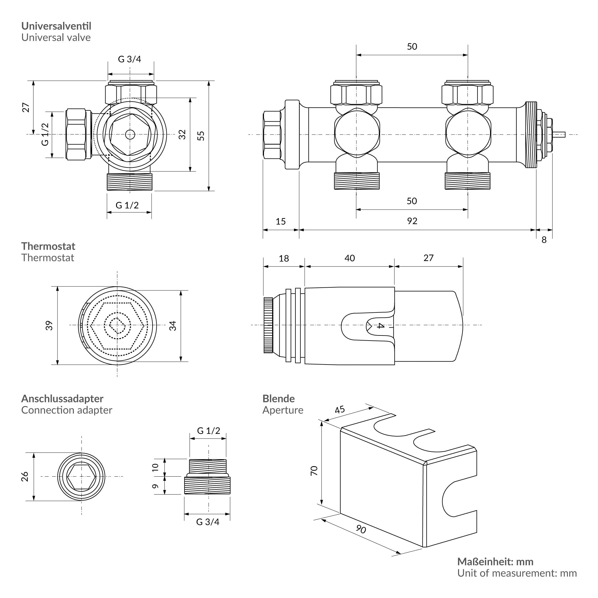 LuxeBath Juego de Grifería Multibloque Blanco Incluye Cabezal Termostático para Radiadores de Baño con Conexión Central Universal Cabezado Termostatico Adecuado para Tuberías de Suelo o Pared