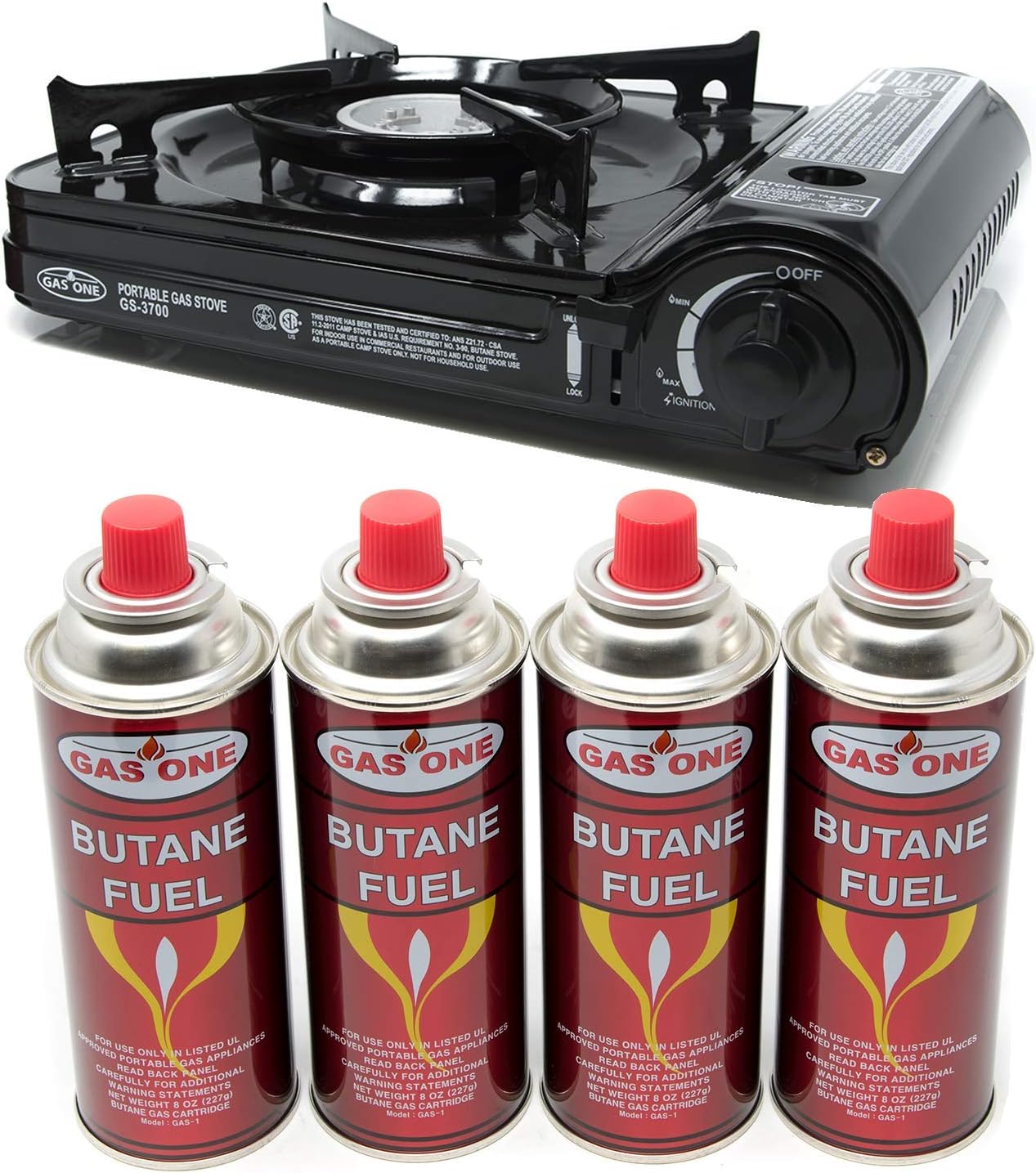 GAS ONE NEW 10,000 BTU CSA List Portable Butane Gas Stove with Carrying Case CSA Listed (Stove + 4 Fuel)