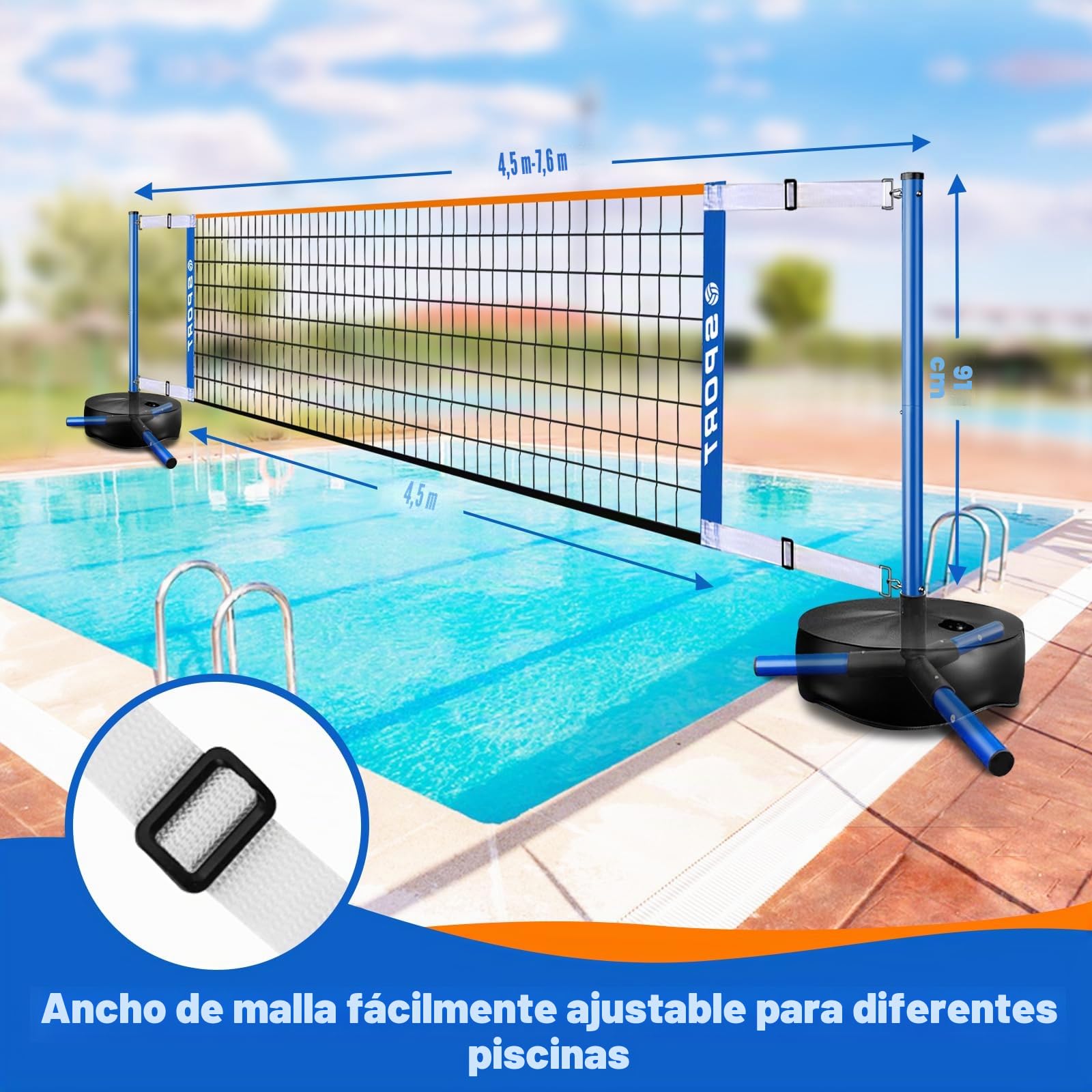 Red de Voleibol para Piscina, portátil, para Interior y Exterior, con 2 Pelotas de Agua y Base Resistente, Longitud Ajustable de 15 a 25 pies