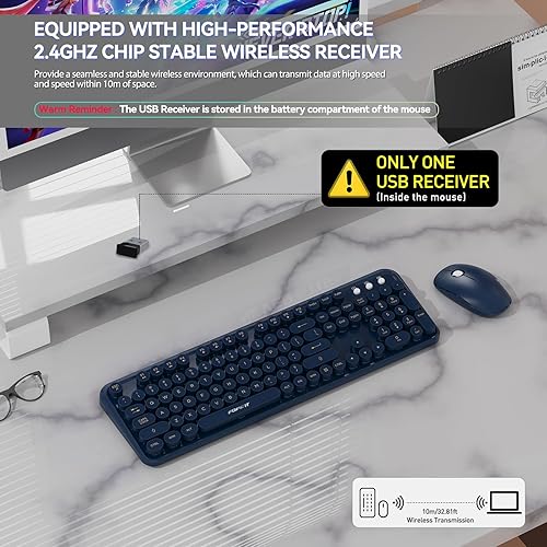 Miniatura 3 de FOPETT Combo de teclado y ratón inalámbrico, 104 teclas de tamaño completo 2.4 GHz con teclas redondas coloridas, receptor USB Plug and Play, para