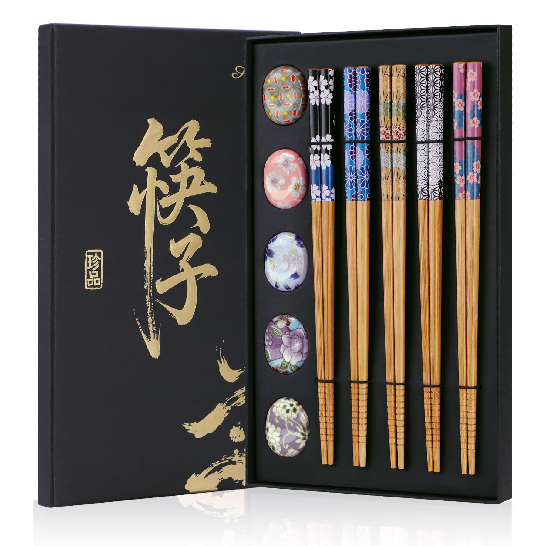 Antner 5 Pairs Reusable Bamboo Chopsticks Set with Ceramic Chopstick Rests | Japanese Sty…