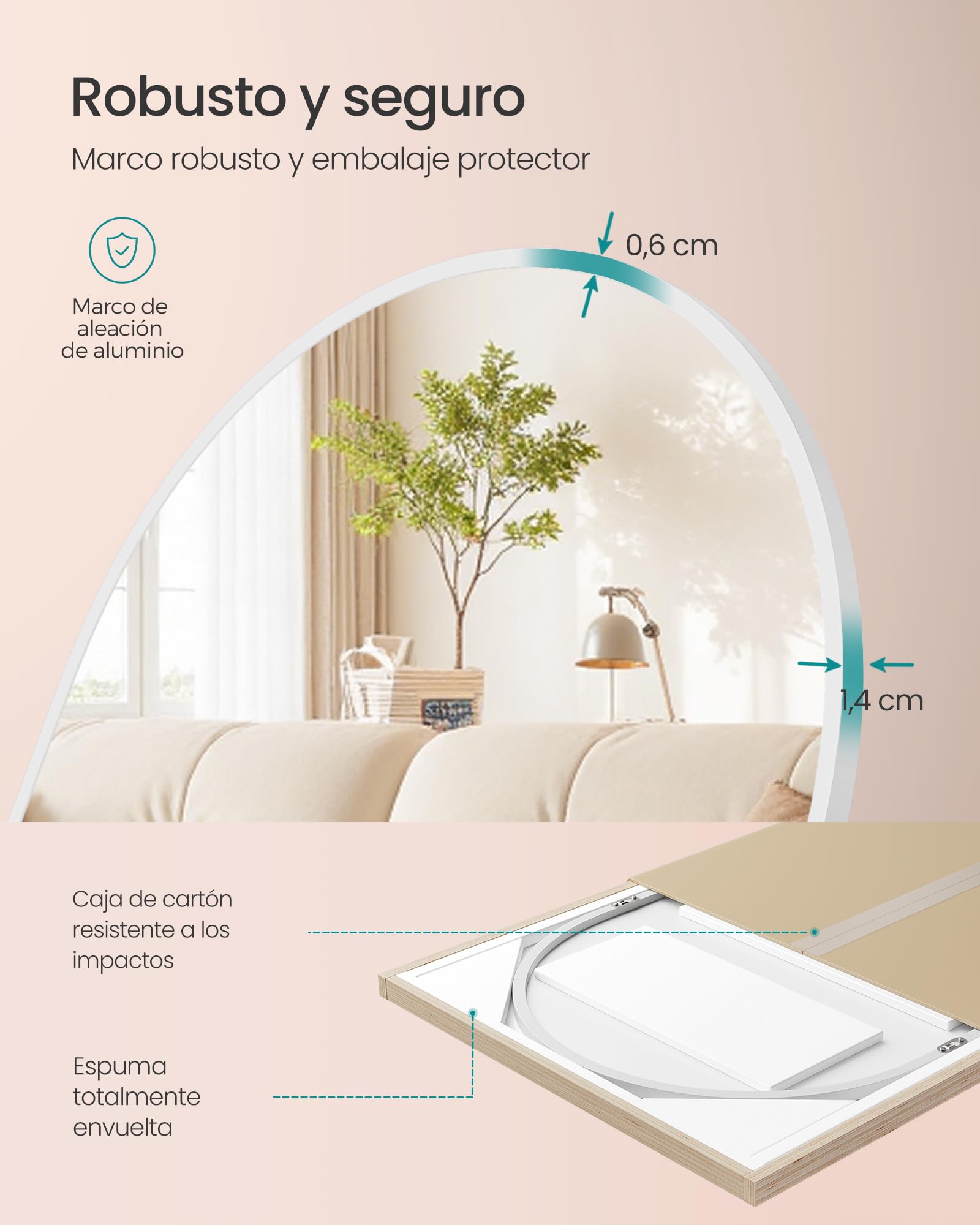 SONGMICS Espejo de Cuerpo Entero, 160 x 50 cm, Espejo de Pie Arqueado con Soporte, con Marco de Aleación de Aluminio, Cristal Templado, para Dormitorio, Salón, Vestuario, Blanco Mate LFM031WC01 — view 6