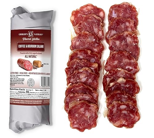 Giorgio's Naturals Salami envejecido en seco hecho a mano  Salami de café y bourbon 5 onzas, salami italiano, carnes curadas, tabla de embutidos