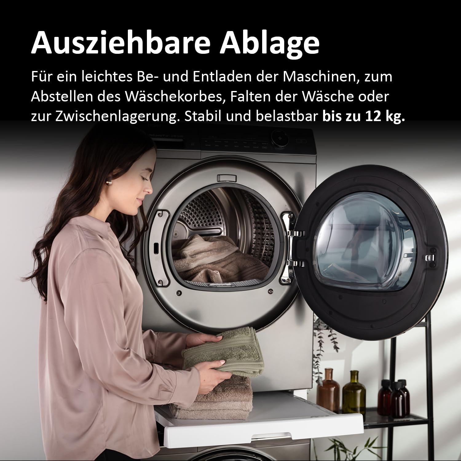 Haier Zwischenbaurahmen für Trockner & Waschmaschine, ausziehbar I Universaler Verbindungsrahmen für Haier Waschmaschine Serie 3, 5, 7 & Trockner Serie 5, 7 I Kippsicherer Zwischenbausatz weiß
