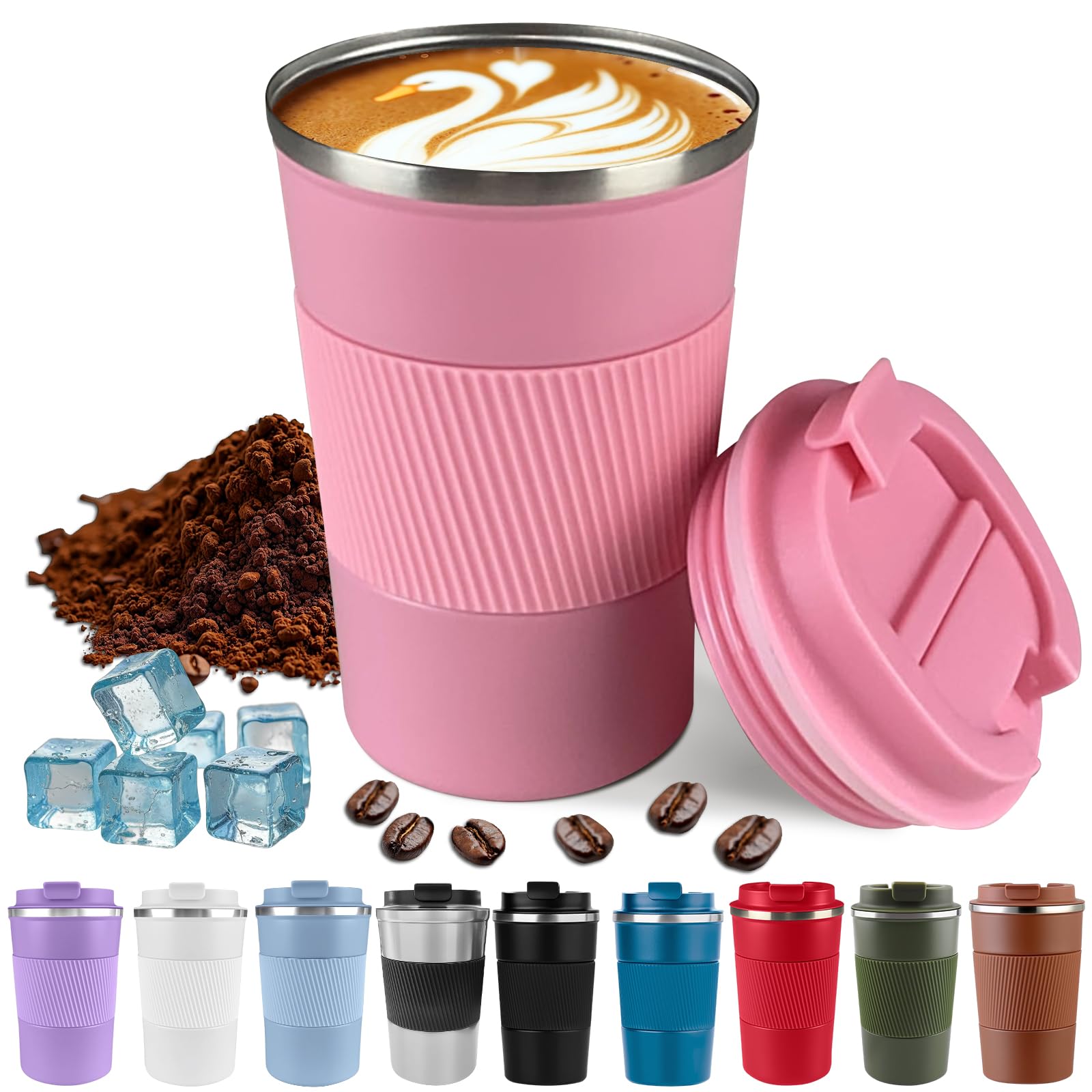 Harindiver Insulated Coffee Cup with Lid, Leak-Proof Travel Coffee Mug, Reusable Stainless Steel Vacuum Thermos Tumbler, Thermal Insulation Cup for Hot & Cold Drinks for Men & Women (3rd-Pink, 380ml)