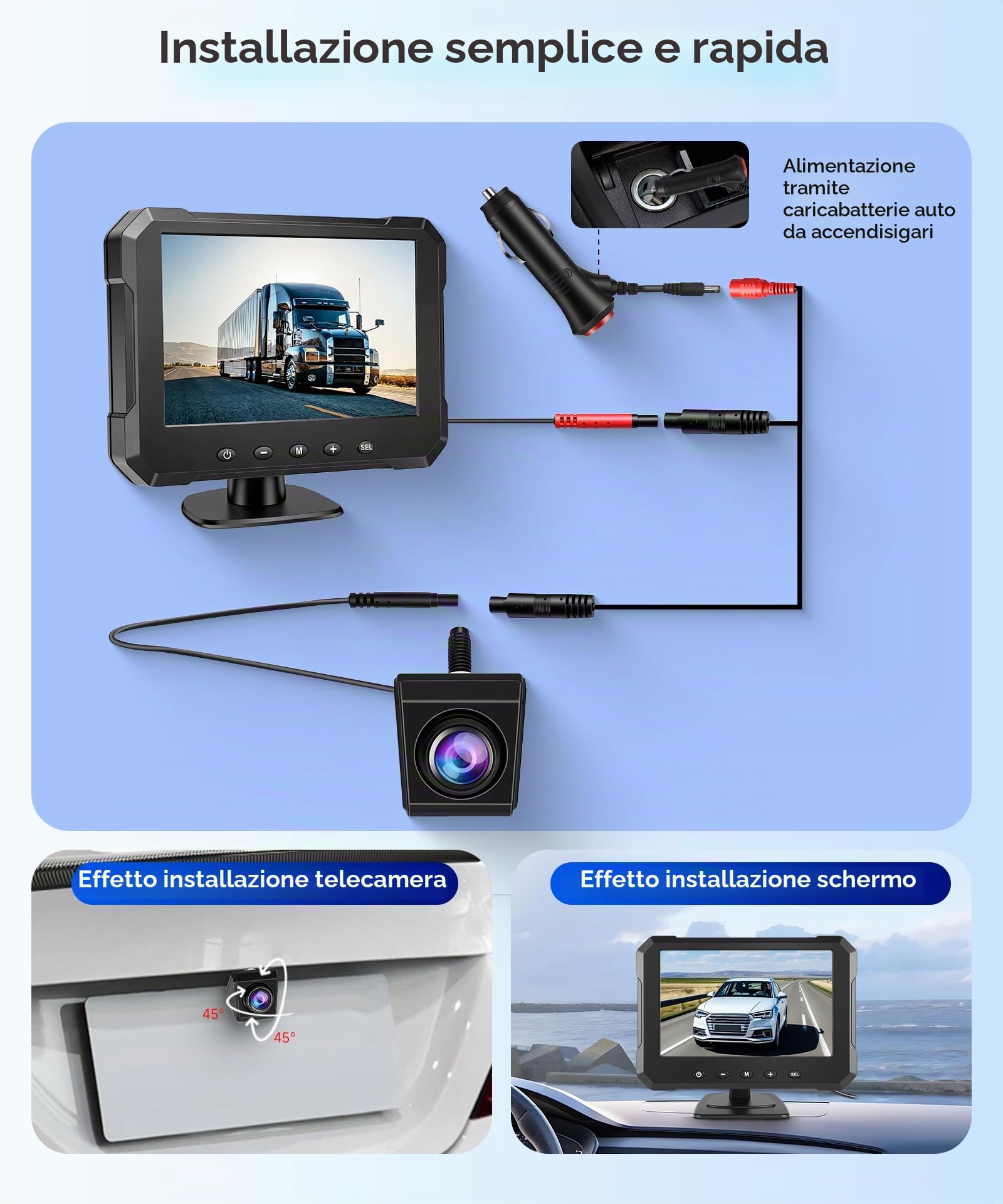 VECHTEL Telecamera per retromarcia con schermo HD da 5", visione notturna IP68,telecamera per retromarcia girevole con ausilio per la retromarcia,facile installazione,con presa accendisigari