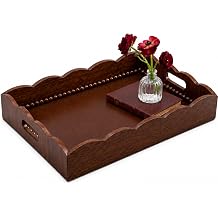 Wood Decorative Tray with Handle, Scalloped Beads Trim